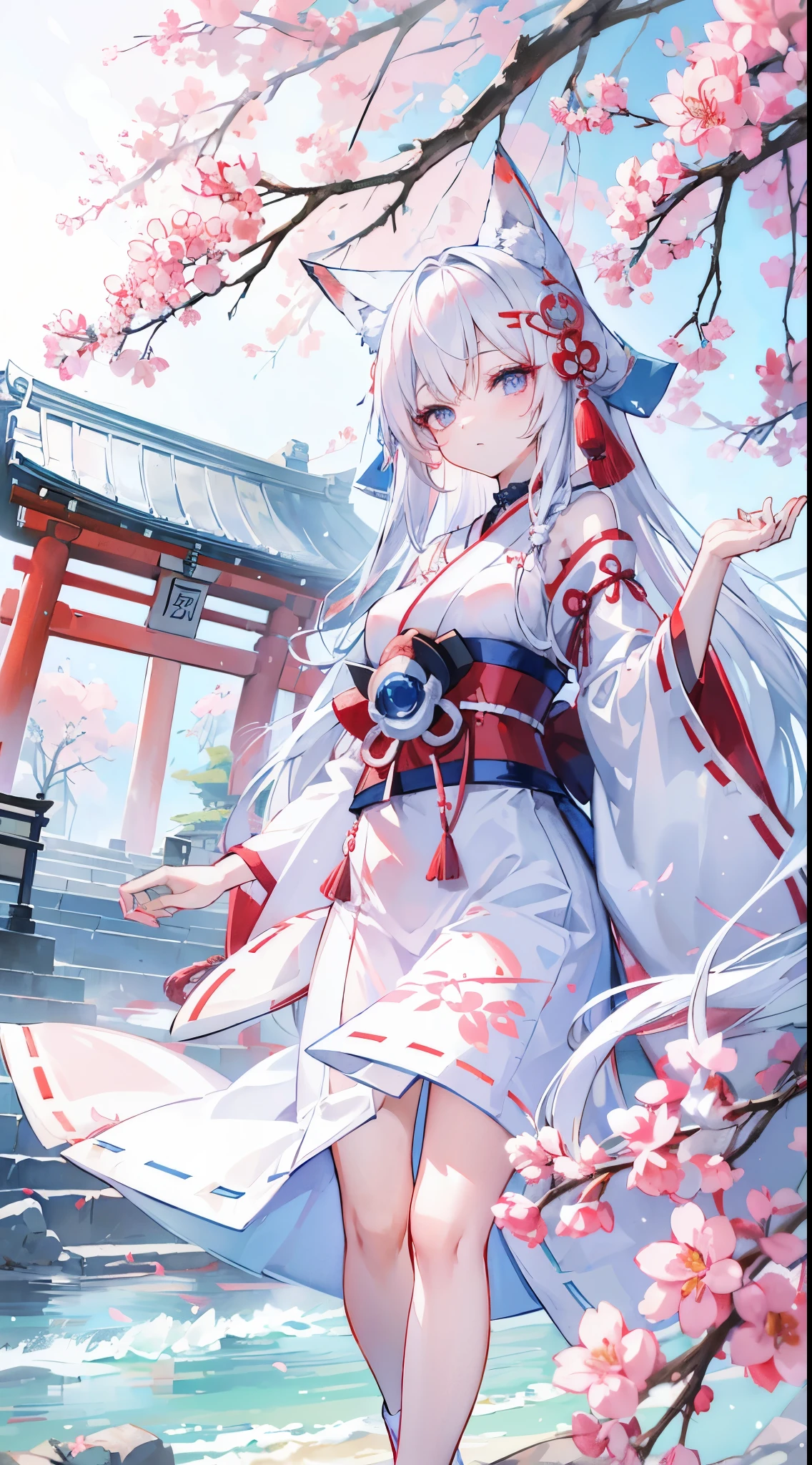 1 fox girl,change , Long white hair, Blue and pink eyes, Wearing white and red Miko dress, A Japanese shrine, absurd res, A high resolution, Super sharp, Anime art wallpaper 4k, tmasterpiece, looking at viewert