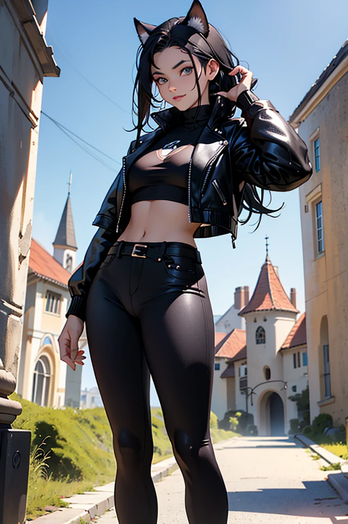 La mujer, pelo largo, long hair, pelo negro, black hair, flequillo, palida, pale skin, ((ojos negros, black eyes)), poca ropa, ropa negra, black clothes, botas altas, hig boots, guantes, gloves, catedral, noche, fantasy, breast, spread legs, squatting, pussy, nsfw, +18