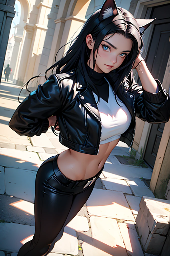 beautiful young female warrior fighter with cat ears on her head, com rosto bem detalhado e bonito, belos olhos, belos olhos, rosto lindo, beautiful young woman wearing long black leggings with black details, mini saia curta, usando jaqueta de couro preta, standing in a castle, usando bota preta, cabelo comprido com franja preto, ,orelhas de gato, belo sorriso, tomboy, um pouco musculosa,suter branco com cinta em volta, olhar serio,usando jaqueta de couro preto, com ombreiras de prata nos ombros, leather jacket