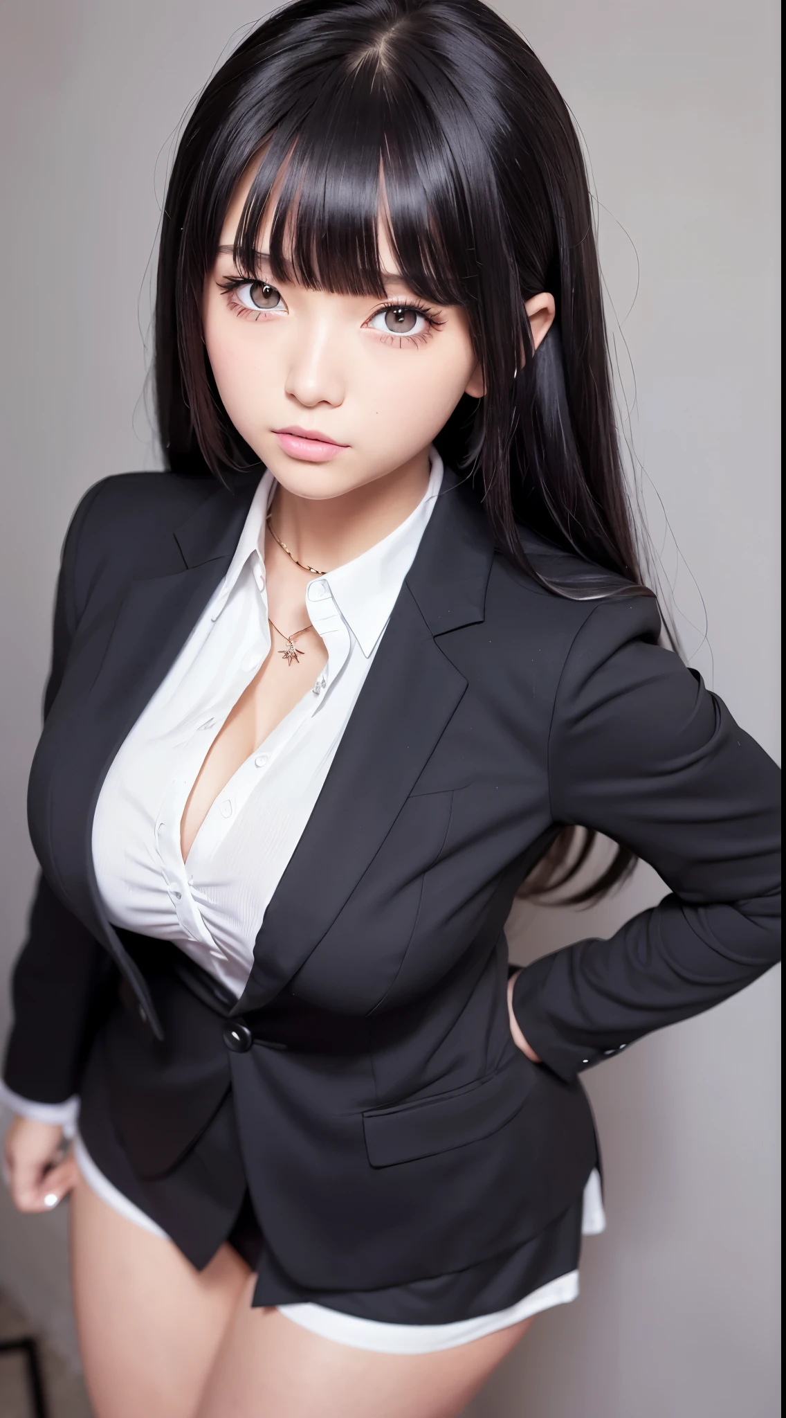 ((Best Quality)), ((masutepiece)), (Detailed), (highlight), Perfect face　Young girl with detailed face showing cleavage、Red eyes and long, thick, glossy, beautiful black hair with blunt bangs、Single-color background、Standing wearing school uniform with blazer and miniskirt、