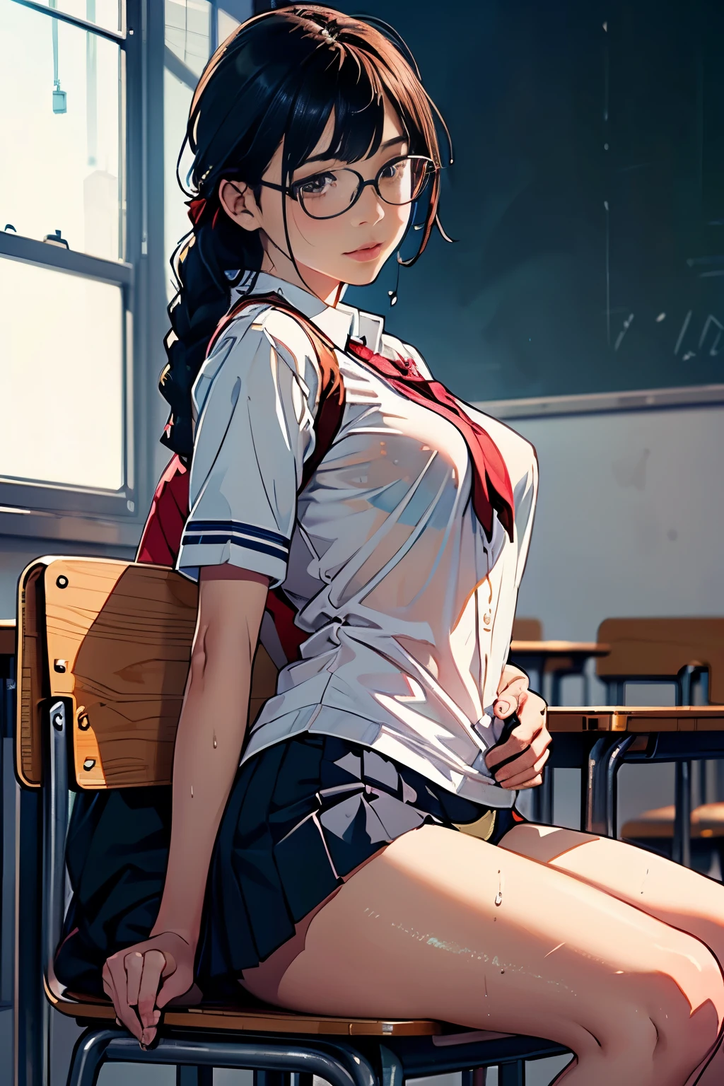 NSFW, (((photographrealistic))), (Shiny skin), (nffsw, in 8K,Wallpaper, High resolution), Perfect Anatomy, Cinematic lighting, Physically-based rendering, Award-winning, highlydetailed skin, extra detailed face, Eyes with beautiful details, Carl Zeiss 85mm F/1.4, (1 man and 1 girl, a couple:1.5),  Japan schoolgirl, sitting in the chair, (Black hair, Brown eyes, Round face), middlebreasts, Wet school blouse with ribbon, Navy Pleated Skirt Lift, Navy High Socks,Spread legs, Thigh Focus, In the classroom, Blue Hour, (One man is a student, A student is hugging a girl from behind:1.5), student clothes, (Student touching girl's panties:1.5), [Full body shot], Shot from below,Braids、eye glasses、showing off breasts
