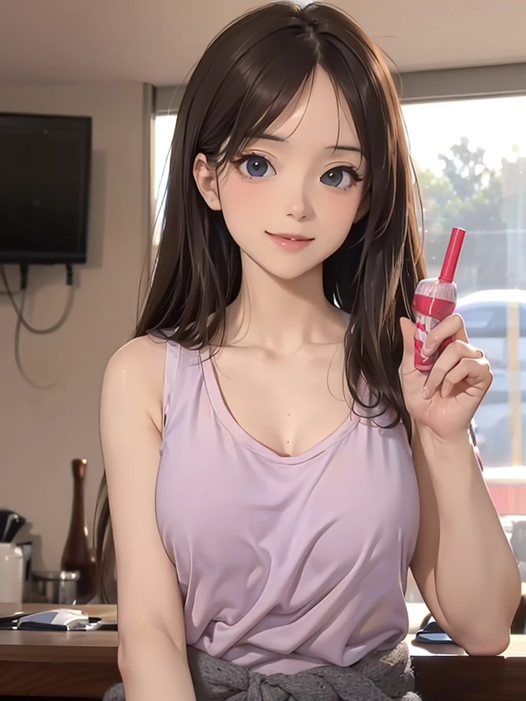(masutepiece: 1.3), (max resolution: 1.2), (Ultra HDTV: 1.2), cinematric light, 8K resolution, Detailed eyes and skin, detailed facial features, Perfect limbs、Perfect fingers、Anatomically accurate body, Fingers in natural shape, Realistic texture, (Focus on the whole body:1.3), Perfect Style, (Beautiful face, kawaii eyes, Clear eyes、realisticeyes), acurate, Anatomically correct, Highly detailed facial and skin texture, Detailed eyes, Double eyelids, Thin eyebrows, Glitter Eyeliner, Natural cheeks, Glossy skin, Fair skin: 1.2, (Glossy lips: 1.2), (#Slim waist), (Firm chest, large udder:1.3), (Neat and clean woman, Cheerful woman:1.5), 20yr old, 1 persons, bangs flowing diagonally, light chestnut hair, Curled hair, (sleeveless, Tank tops, JINS:1.3), (Room at home:1.2),
