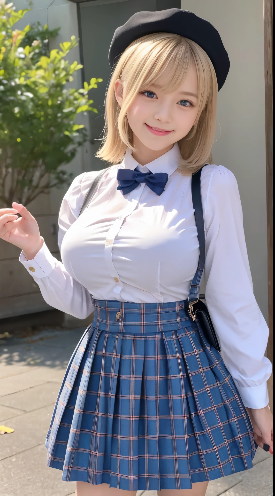 girl.................,, in front of the school、Connect to skirt with suspenders、White shirt with long sleeves、Plaid skirt、Lori, , sakimichan,, nice and cute, Innocent smile, , Lovely smile, sakimichan HDRI、loli big boobs、,(Huge breasts:1.20),(Beauty Big 1:1)、a blond、a blondの髪、Blue eyes、little girl hort bob、Pose cutely