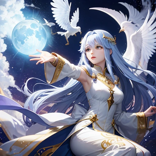 A mystical priestess of the moon flying to the sky yielding her power, anime style