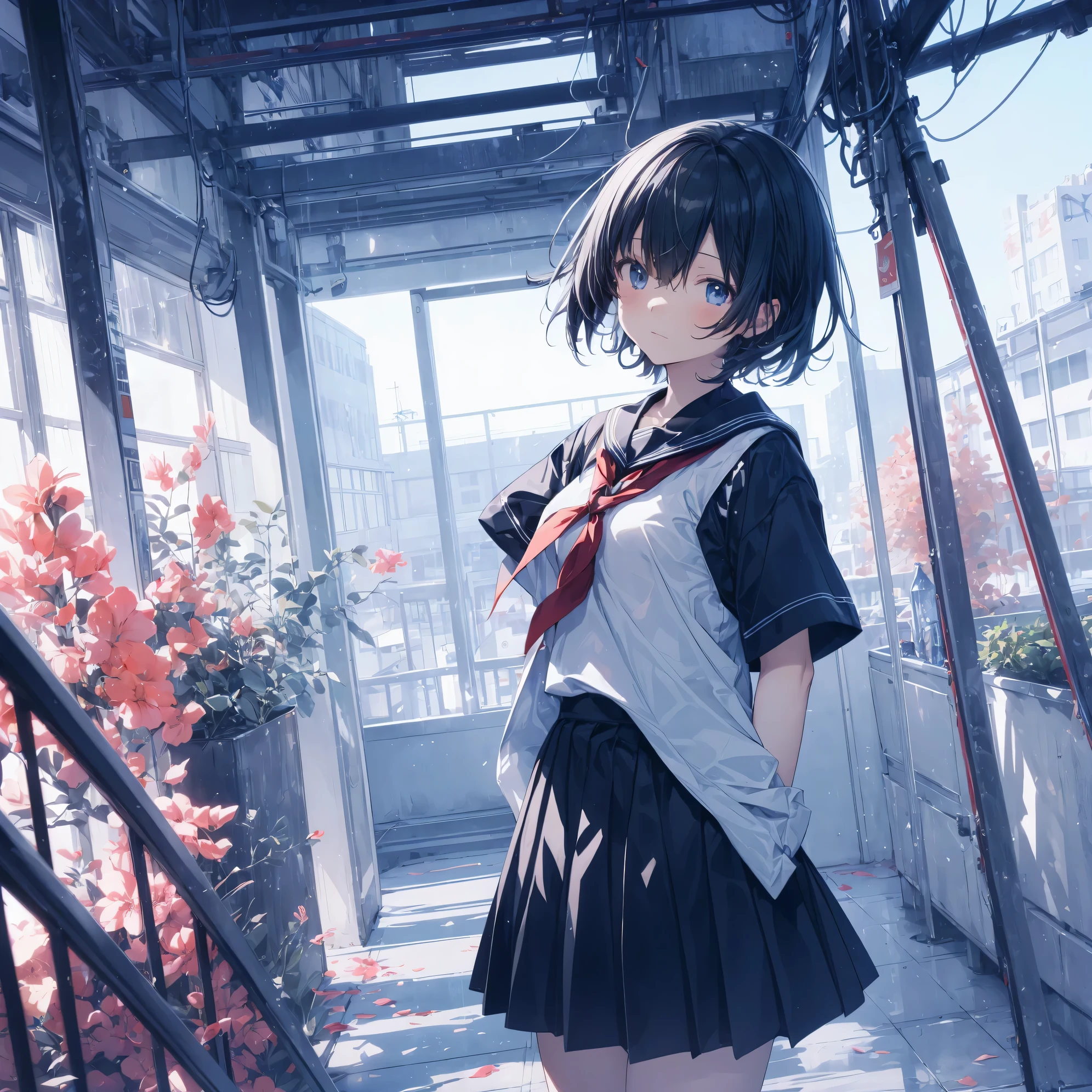 Super high quality by the art god, Ultra-detailed, High resolution, anime moe art style, best anime 8K konachan wallpaper, Pixiv Contest Winner, Perfect Anatomy, BREAK,(Draw a girl sleepily walking to school. ),BREAK, 1girl in, (Solo,Lori,child,13years:1.3),Full limbs, complete fingers,a junior high school student, Androgynous attraction, (Very short hair), Sleeping hair, hair messy, flat chest, Small butt, groin, Small eyes,Beautiful detailed black eyes, Well-proportioned iris and pupils, disgusted eye, High resolution detailed hair, School uniform, Skirt, On the way to school. BREAK,Ultra-detailed細なスキン, Best lighting by famous artists, 8K, Illustration,