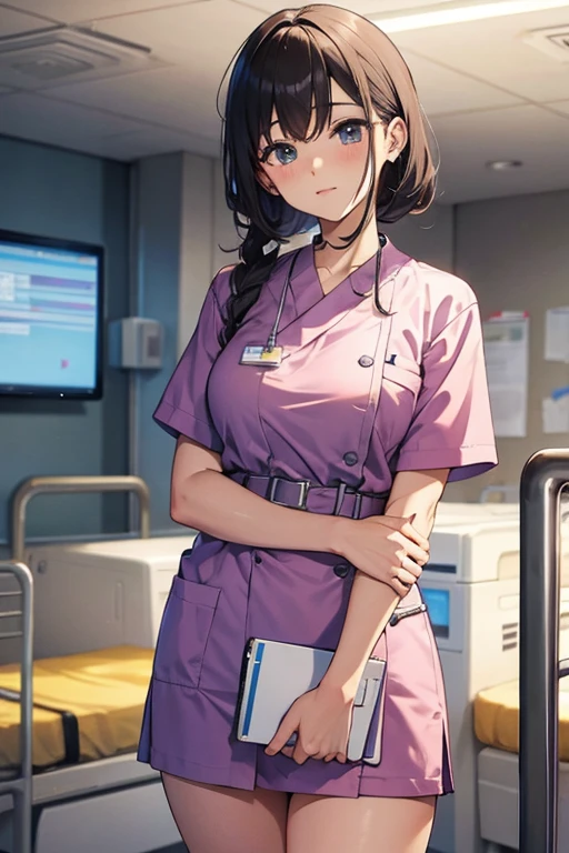 1 female, alone, nurse, nurse cap, Whiteware, ((white legwear, zettai ryouiki)), white gloves, long hair, purple hair, red eyes, ((White surgical mask, Covered nose)), Are standing, ((hospital room)), sharp outline, short sleeve, mature woman, 35 years old, highest quality, masterpiece