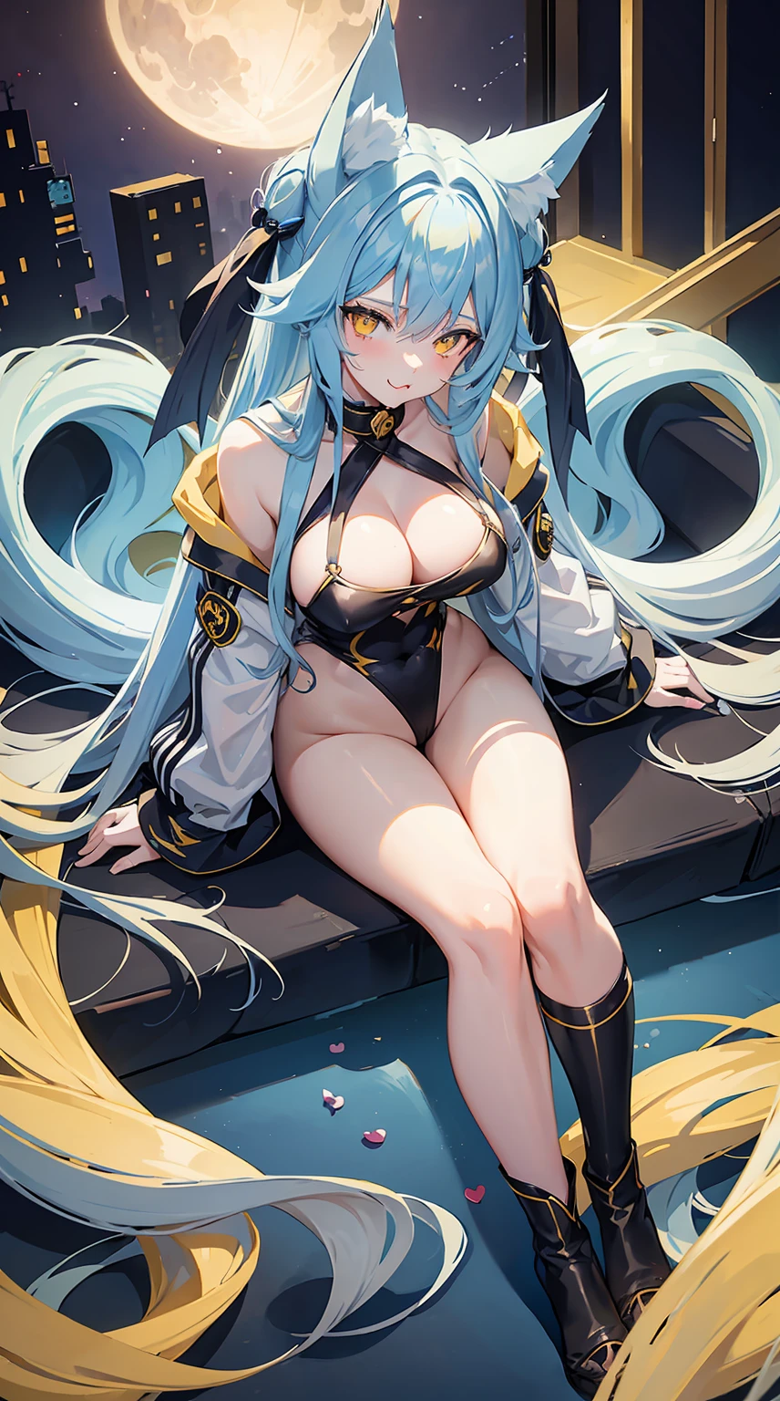 Long Hair, Light Blue Hair, Yellow Eyes, Heart pupils, Fox Ears, 9 Tails, Big Boobs, Wearing Hoodie, Long Stocking, Nighttime, Wearing Black Gloves, Inside a house, licking own lips