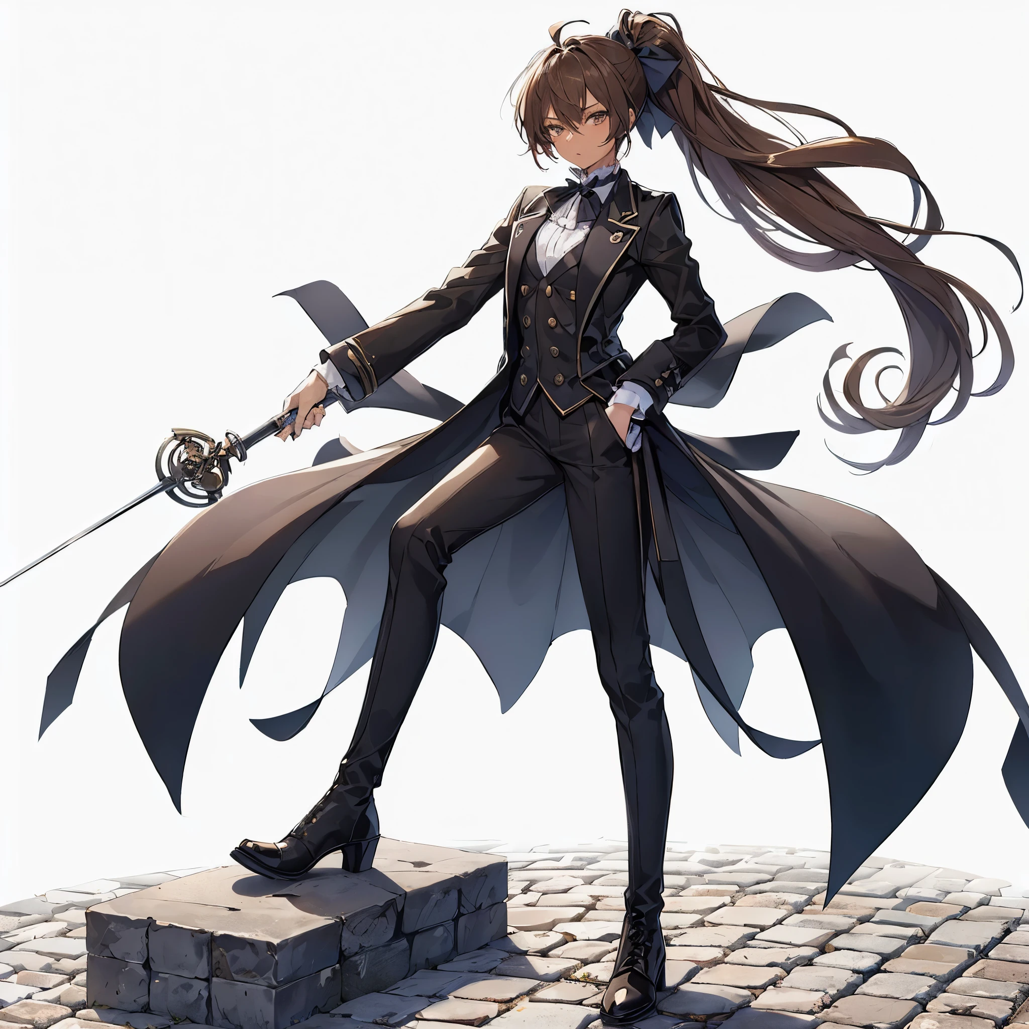 (Masterpiece, Top Quality), (Perfect female Body: 1.2), (Detailed Hair), Ultra-Detailed, Anime Style, Full Length, Solo, wearing male clothing battle butler lady, hair tied in one knot, ((brown skin)) Black outfit, well rounded body shape, On Cobblestone standing, long boots, 8K hi-res, white background, whole body,