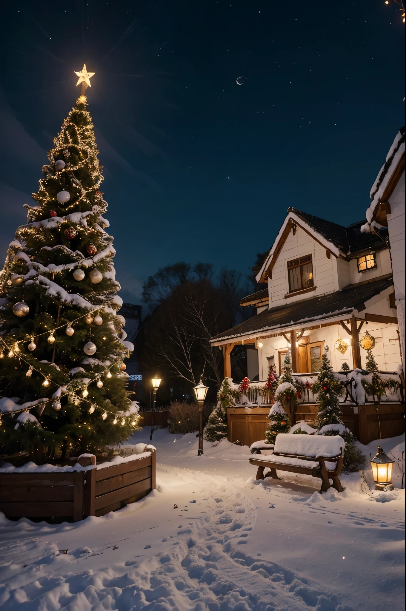 Image of a: Encantado Latamagno, Natal town: 21x9,5 cm description: 内斯塔Image of a恩坎塔多拉, presents a christmas village, turned into a magical environment，A layer of fluffy white snow covers everything. The small wooden houses on both sides of the street are decorated with bright lights, suavemente fish, Create a magical atmosphere.

Each little house&#39;s Christmas decorations have unique details. Some windows were hung with red and green garlands, People plant small glowing Christmas trees in their backyards. Chimney emits soft smoke, The warmth and joy that heralds Christmas has permeated every family.

The main street of the village is illuminated by street lights decorated with ribbons，The lights are bright, create a soft, Snowflakes give off a cozy glow as they fall. some people walking on the street, Wear a warm coat and colorful scarf to protect yourself from the cold. Elas Carregam Sacolas de Compras, Instructions for Christmas shopping animation.

no villa center, There was a lovely one, there&#39;s a big christmas tree，Decorated with colorful balls, Bow and a bright star on top. wooden benches placed around trees, convidando as pessoas a descansarem, Tomar Chocolate Collection with Canecas Personalization and Apreciar a beleza do local.

ofondo, The snow-capped mountains stand out against the night sky, as estrelas brilham intensamente all. The full moon adds extra magic and mystery to this enchanting Christmas village.