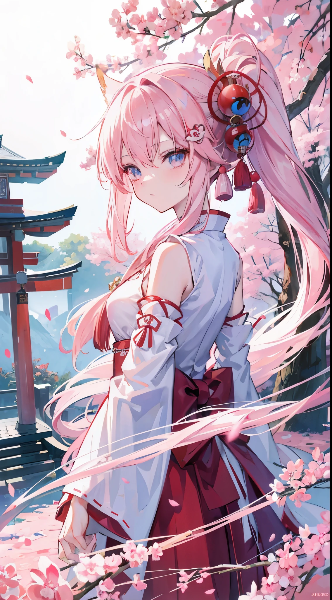 1 fox girl,change , Long white hair, Blue and pink eyes, Wearing a red Miko dress, A Japanese shrine, absurd res, A high resolution, Super sharp, Anime art wallpaper 4k, tmasterpiece, looking at viewert