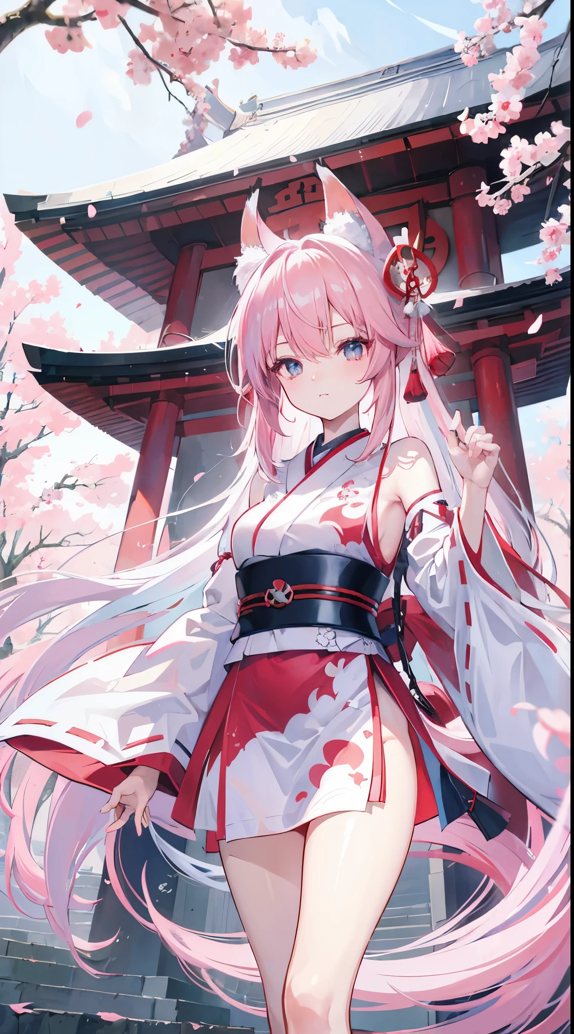 1 fox girl,change , Long white hair, Blue and pink eyes, Wearing a red Miko dress, A Japanese shrine, absurd res, A high resolution, Super sharp, Anime art wallpaper 4k, tmasterpiece, looking at viewert