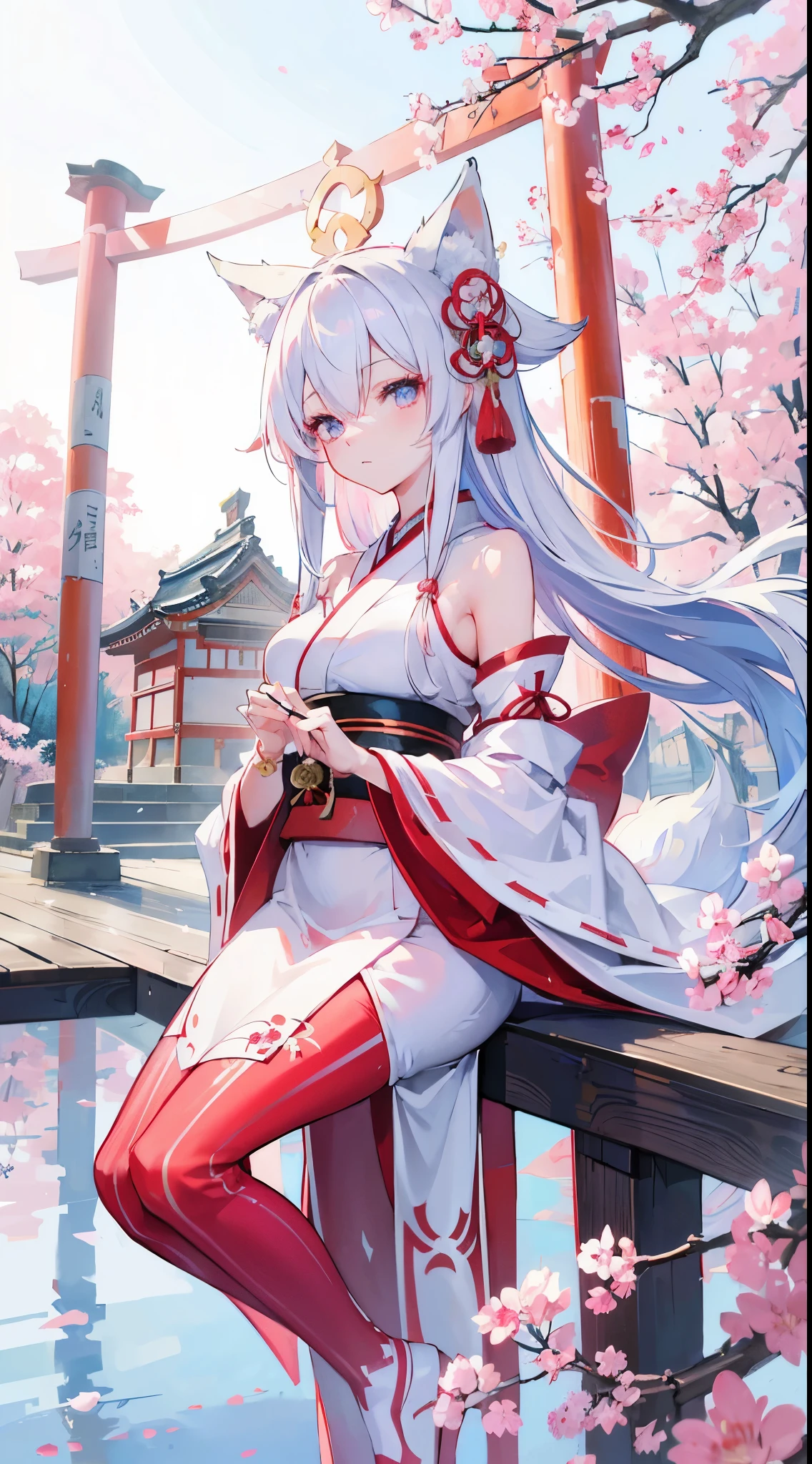 1 fox girl,change , Long white hair, Blue and pink eyes, Wearing a red Miko dress, A Japanese shrine, absurd res, A high resolution, Super sharp, Anime art wallpaper 4k, tmasterpiece, looking at viewert
