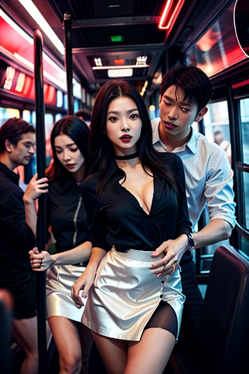 There is a woman wearing a skirt and a man wearing a shirt on the bus., sexy movie photo, maxim sukharev, , yangjun chen, cinematic scene, sexy dress, Engaging pose, (SFW) safe for work, imagem hiperrealista, hyper realistic photography, cleavage, Sexy Pose, Very attractive, imagem hiperrealista, so sexy