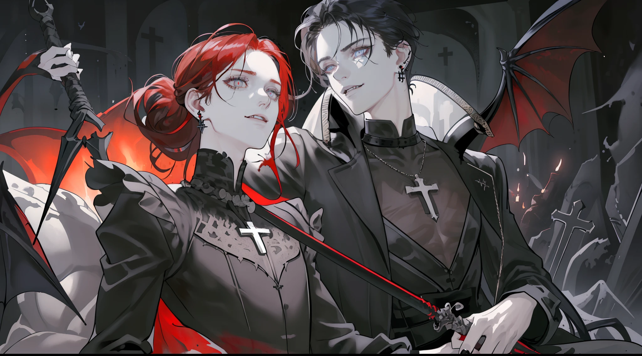 One guy, Realistic, Masterpiece, Best Quality, looking a viewer, close up, facial focus, (Perfect five fingers 1.1), молодой ember, male, ember, 1boy, Tall guy, pale skin, dark red hair, half updo, Hair between the eyes, hair above right eye, medium straight hair, Brown eyes, cross-shaped pupils, long eyelashes, red tongue, fangs, earrings on the ears, Dark circles, upset, frightened, Gloomy, black jeans, Black Strap, black undershirt, black nails, earrings, crosses, handsome guy in demon slayer art, Highly detailed fine art, (finely detailed beautiful eyes and detailed face), dusty floors, darkness, creepy ambiance, Shrouded in shadows, High precision, high definition, Subtle rendering of facial features, Detailed metal decorations, dramatic composition, Cinematic lighting, Dynamic Angle, shackles on wrists, mouth grins, blood is coming from one eye, The cross hangs around my neck, in the blood, prominent veins on the arms, sporty, bleeding, it&#39;s pathetic, with a spear, With weapons, A weapon in his hand,