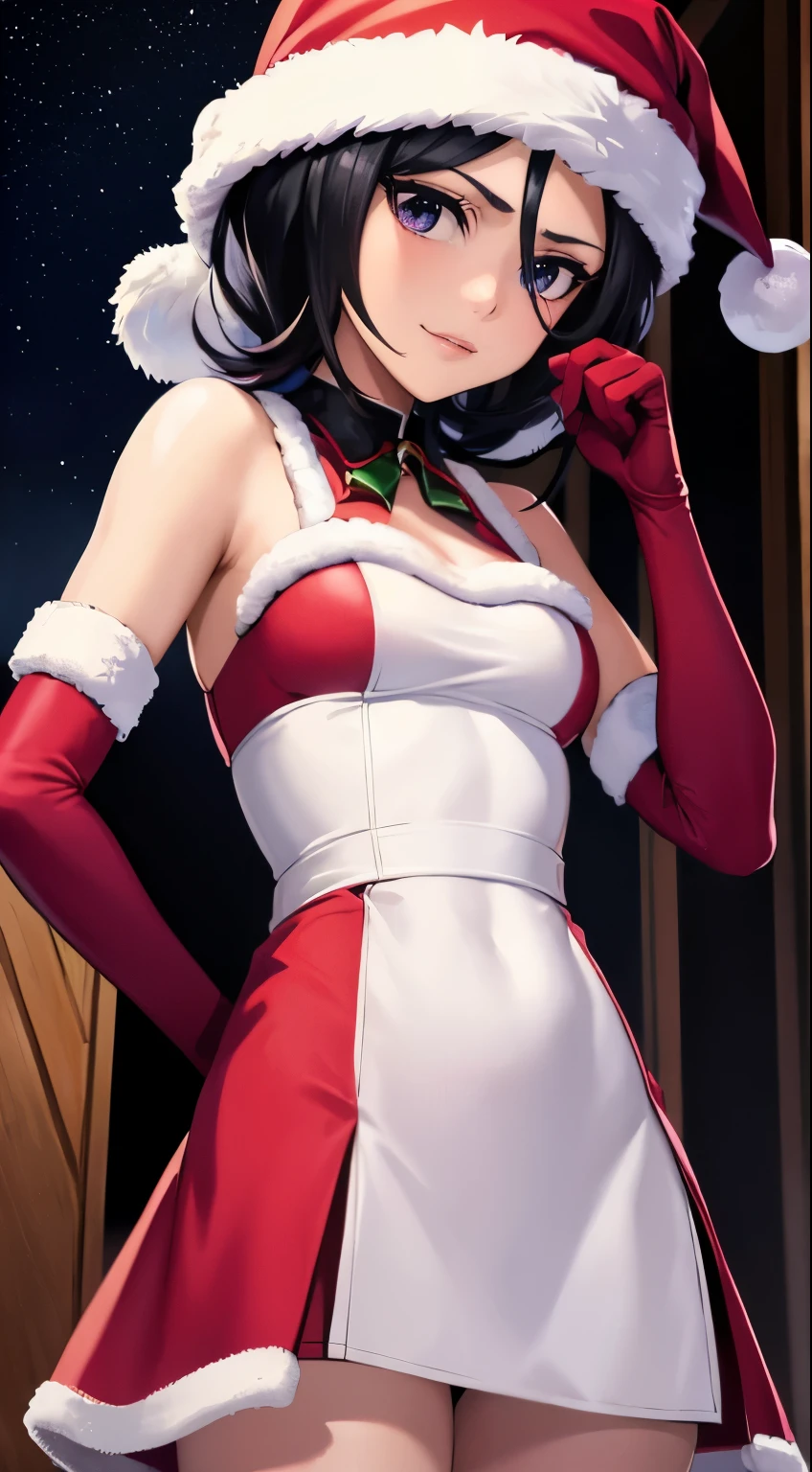 1girl, solo, masterpiece, best quality, high res, highly detailed, (illustration), beautiful detailed eyes, purple eyes ,rukia, black hair ,glossy lips, light makeup, light smile, long white satin elbow gloves ,cowboy shot, (santa), red santa dress, santa hat