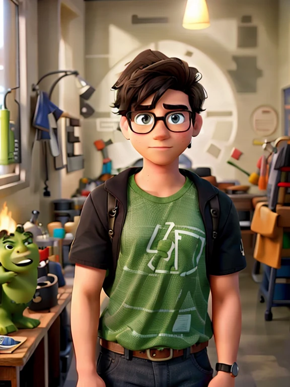 A 3D movie poster in Disney-Pixar style of: "a young man with light white skin, short black hair, black glasses, strong like the Hulk, stuck in a saddle wearing a Hulk t-shirt