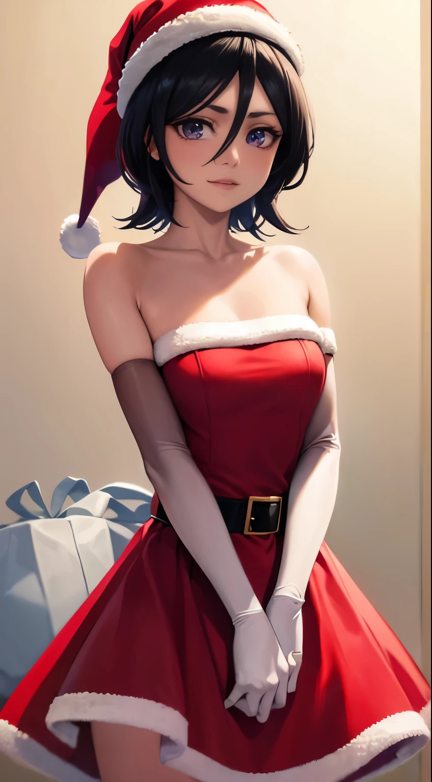 1girl, solo, masterpiece, best quality, high res, highly detailed, (illustration), beautiful detailed eyes, purple eyes ,rukia, black hair ,glossy lips, light makeup, light smile, long white satin elbow gloves ,cowboy shot, (santa), red santa dress, santa hat