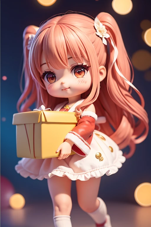 Una pegatina、Notch line on the outside of the sticker.....、A sticker with a happy Santa Claus carrying gifts.....、Santa Claus is a pretty girl、Chibi doll、estrellas en los ojos(Kirakira)、Ojo hacia arriba、cabello largo y negro、laugh、Linda chouconitida roja, Ultra detalle, luz radiante、bioluminiscente、tomado de un lado、Stronger bokeh effect