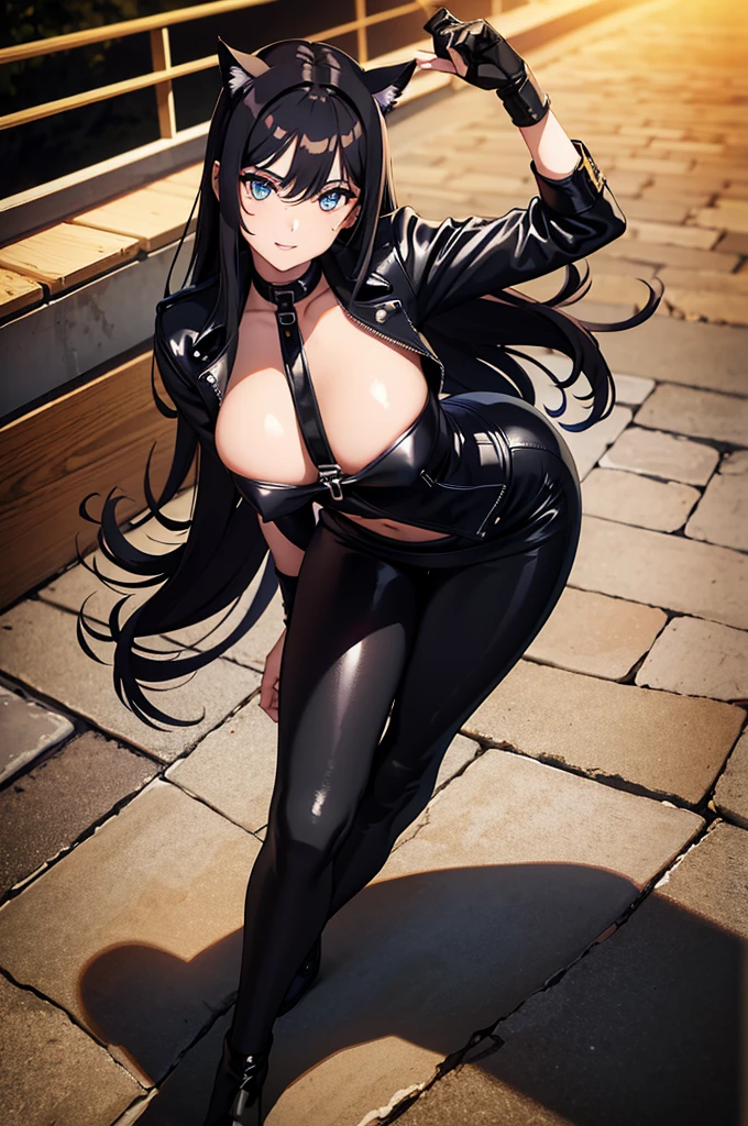 beautiful young female warrior fighter with cat ears on her head, com rosto bem detalhado e bonito, belos olhos, belos olhos, rosto lindo, beautiful young woman wearing long black leggings with black details, mini saia curta, usando jaqueta de couro preta, standing in a castle, usando bota preta, cabelo comprido com franja preto, ,orelhas de gato, belo sorriso, tomboy, um pouco musculosa,suter branco com cinta em volta, olhar serio,usando jaqueta de couro preto, com ombreiras de prata nos ombros, leather jacket