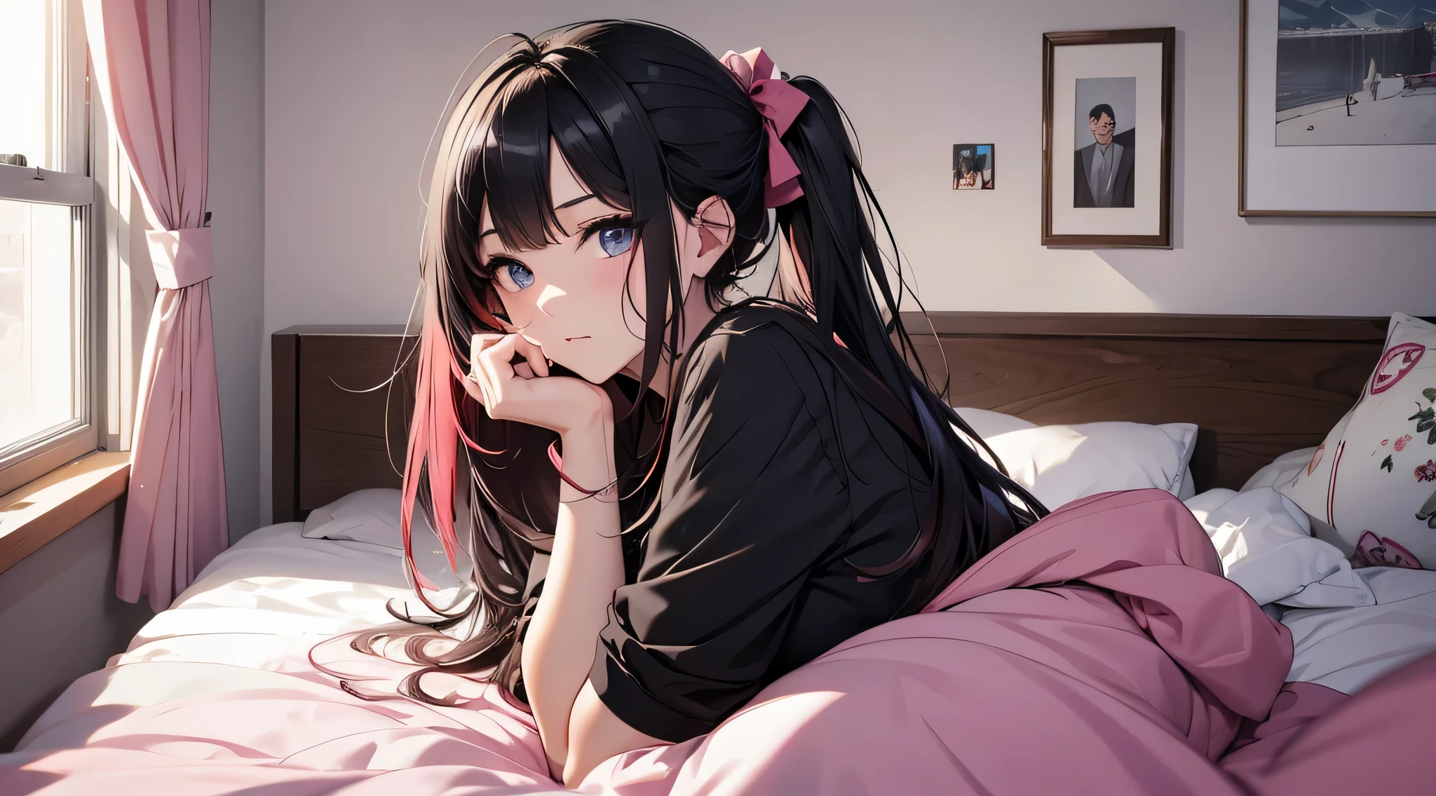 top-quality、Top image quality、​masterpiece、Teenage girl((Black pajamas、18year old、 Ager、Best Bust、big bast,Black eyes, Black hair、A slender,Large valleys、Gal style、床futon beddingの上で仰向けになる、embarassed face、dye one's cheeks red、dishevled hair、emphasis on the buttocks)),hiquality、Beautiful Art、Background with((Nice and clean room.、futon bedding、animal stuffed、pink walls))​masterpiece、depth of fields,Cinematic style
