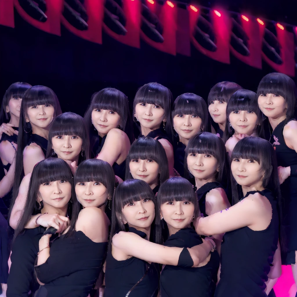 Raw photo、(((multiple girls))),((((6+girls)))),Women only、100 idols singing and dancing on stage、12 years old,japanes、((Same height))、((matching black outfit))、The same face,((A dark-haired)),Longhaire