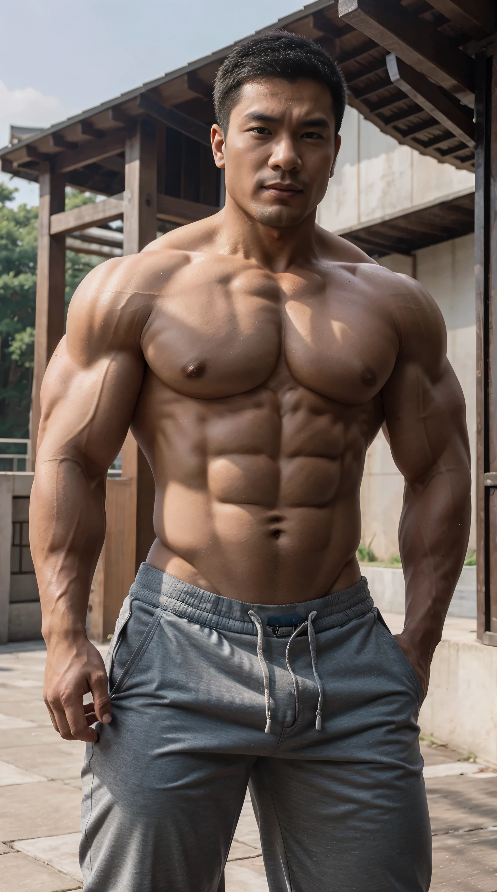 Asian muscle man，Acute muscle brevis muscle protrusion outdoor background whole body chest big abdominal muscle protrusion whole body muscle protrusion