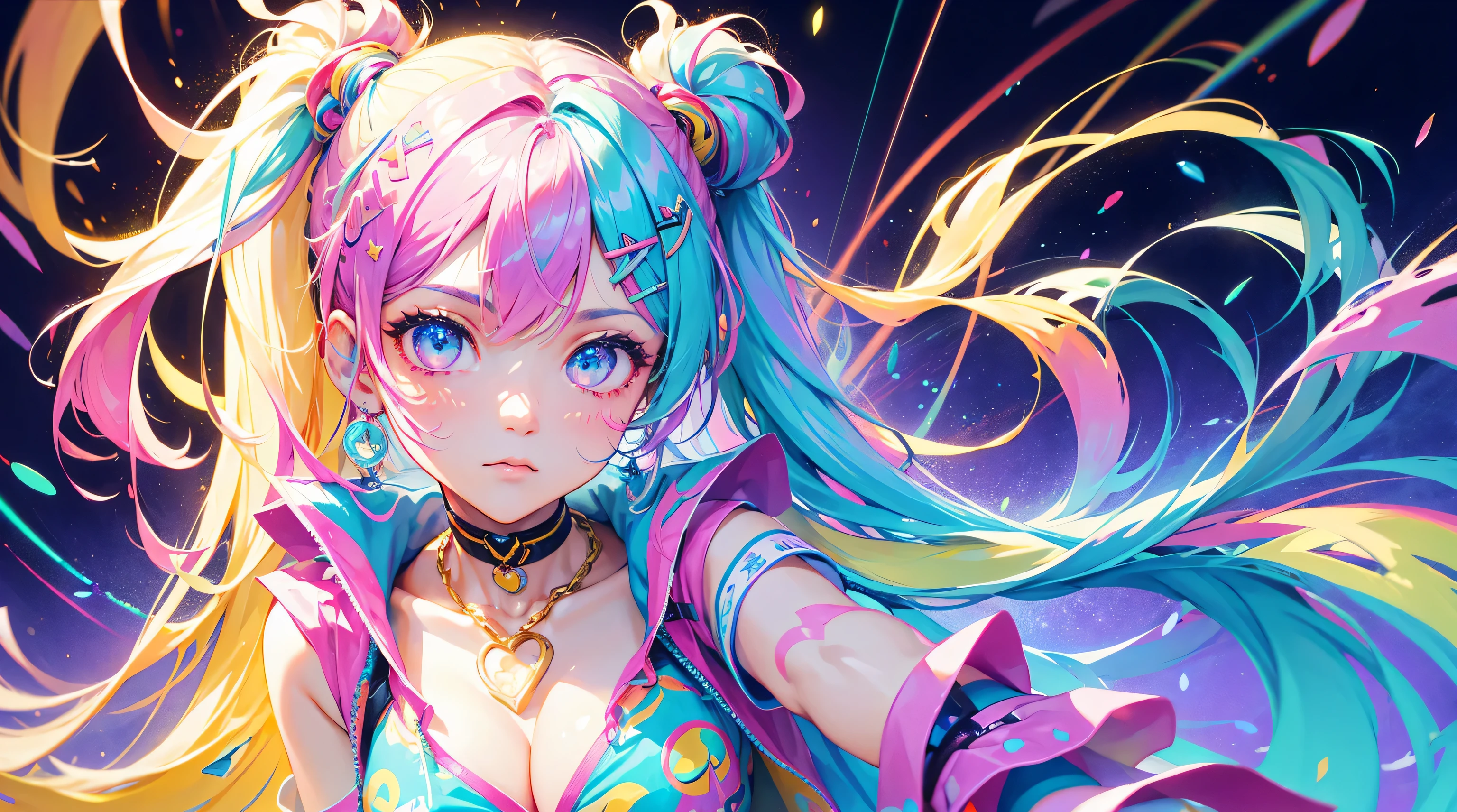 girl, chaotic, rainbow colors, no clothes, fractal brushstrokes, planets space glowing powerballs, cosmic fuzzy style, magical ribbons, power display, zero gravity, master of rainbow color ice, long crystals, extreme abs, exposed body, cute face, golden chains, splash of colors, space buns, neon rainbow color hair, long hair, spaceship, digital technology, sacred, spiritual, wings, cluttered scene, energy orbs. lasers, fiber optic glow strands, led lights,