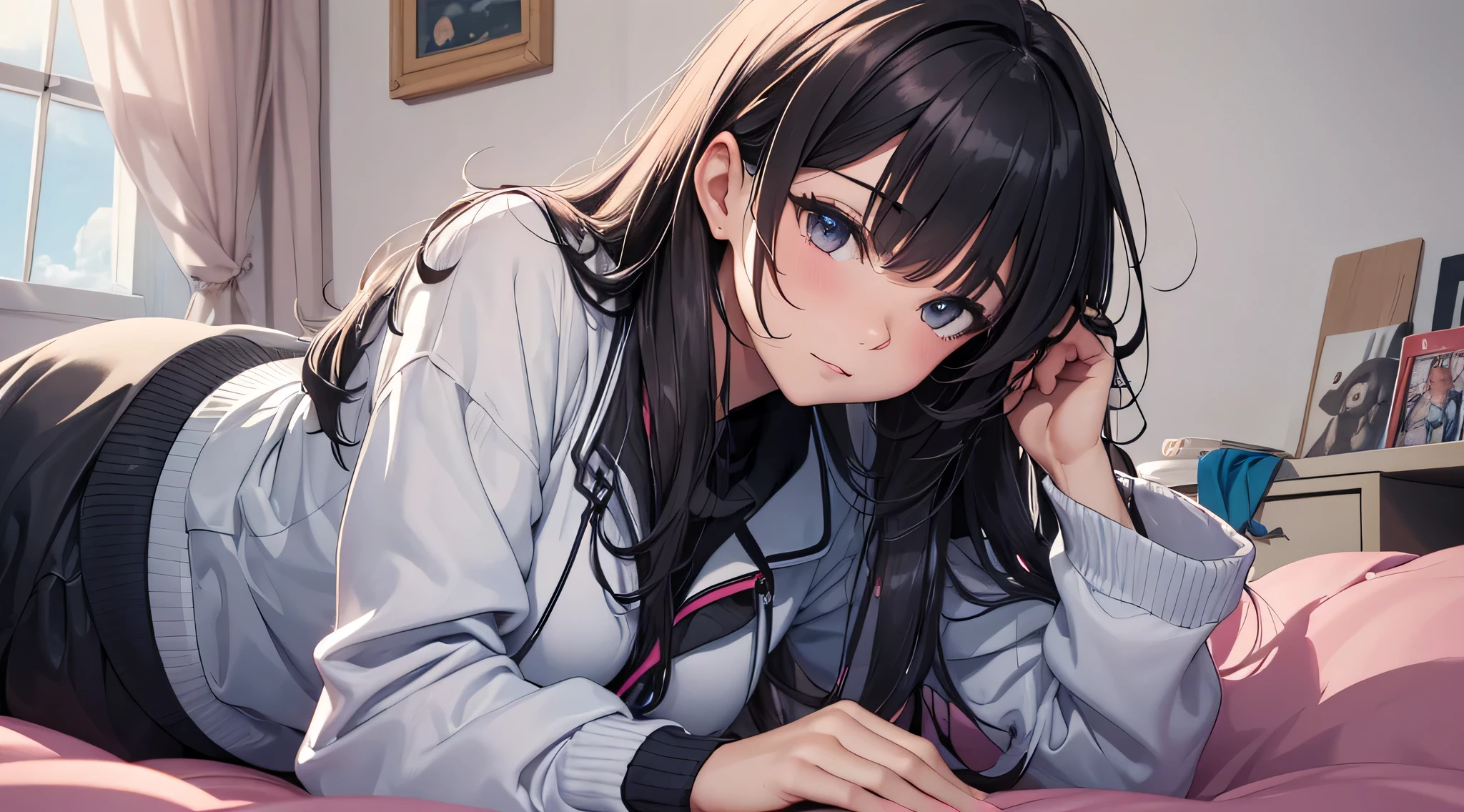 top-quality、Top image quality、​masterpiece、Teenage girl((Black pajamas、18year old、 Ager、Best Bust、big bast,Black eyes, Black hair、A slender,Large valleys、Gal style、床futon beddingの上で仰向けになる、embarassed face、dye one's cheeks red、dishevled hair、emphasis on the buttocks)),hiquality、Beautiful Art、Background with((Nice and clean room.、futon bedding、animal stuffed、pink walls))​masterpiece、depth of fields,Cinematic style