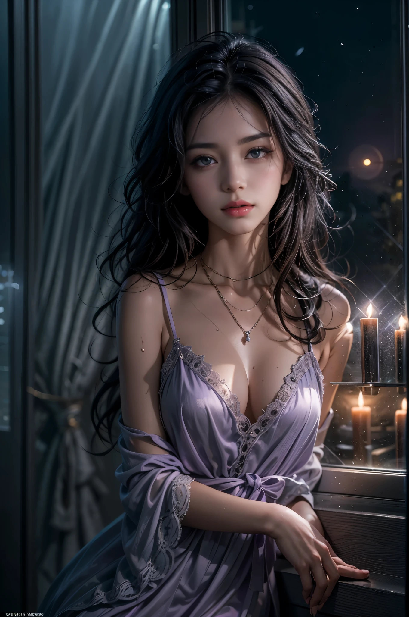 (Photoreal Stick:1.5, masutepiece:1.5, 8K), (top-quality, ​masterpiece, 超A high resolution), Perfect dynamic composition, Professional camera work:1.4, Highly detailed skin and facial texture:1.3, Mystical portrait:1.3, Grow Light Effect, The ultra-detailliert, 1girl in, ((Night view from inside the building, Pitch black room:0.9, The moonlight at night shines through the glass)), (Light purple nightgown), Model body type, Clear face, (Beautiful and seductive eyes:0.9, Enraptured look:1.0, i love you completely:0.8, A mouthfeel that feels beautiful eros:0.7), (Wet dark brown medium hair), candles, the chest is medium, a necklace, (Leaning against the window, Sit up), ((seductiv, Functional))