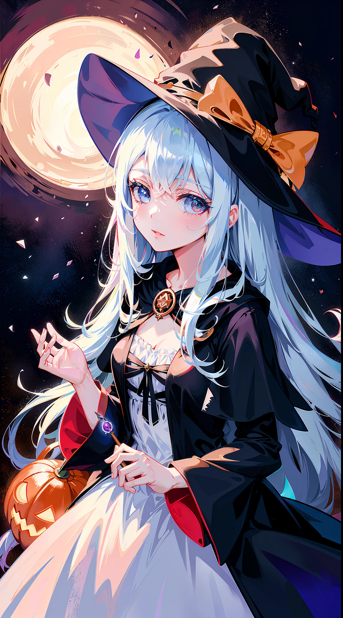 beuaty girl, Zero art, Popular topics on artstation pixiv, ((a witch's hat)), ((fantasy witch flowy dress)), tmasterpiece, Best quality at best, pretty  face, eyes with brightness, Celestial dark background, halloween colors, Colorful candy, magia