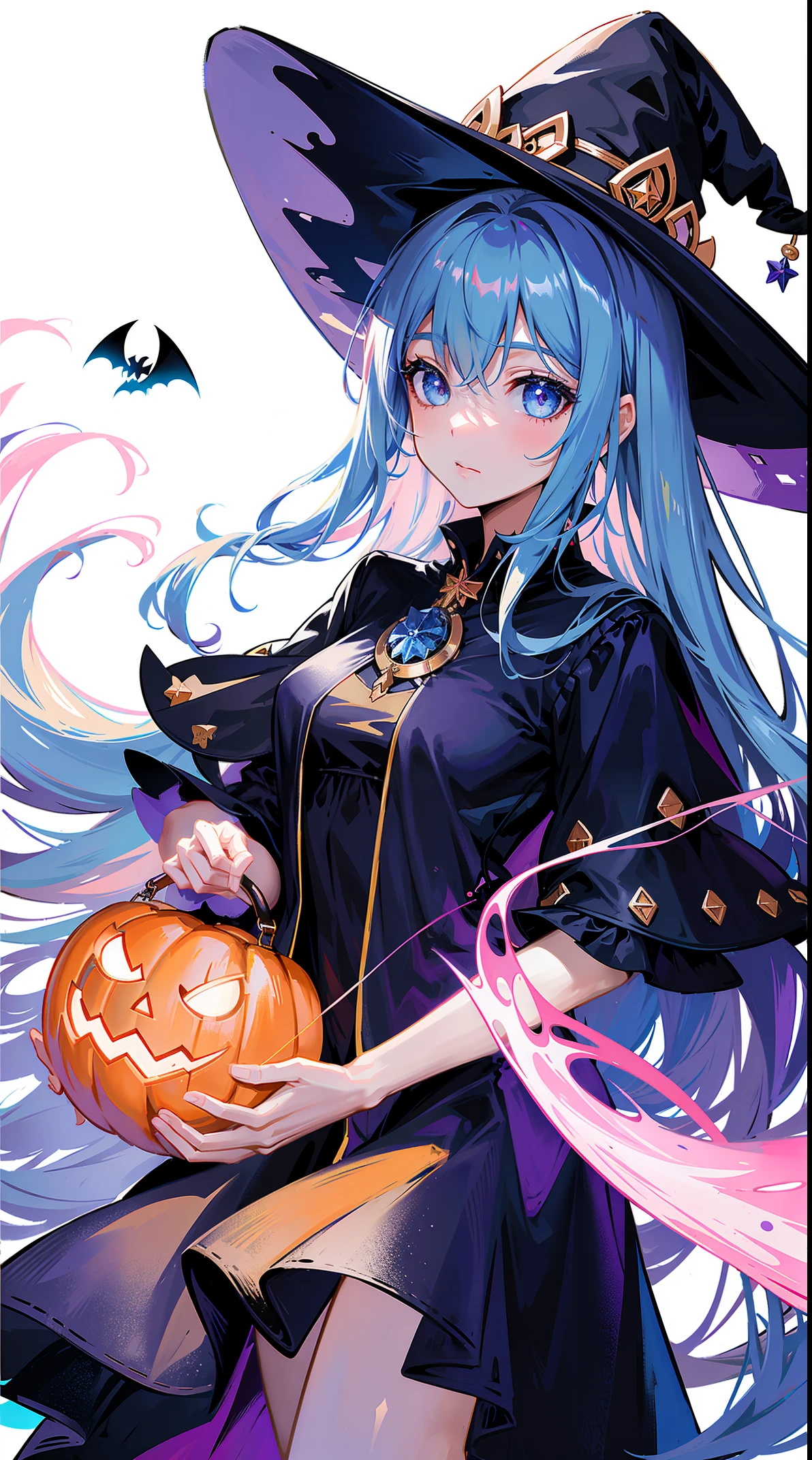 beuaty girl, Zero art, Popular topics on artstation pixiv, ((a witch's hat)), ((fantasy witch flowy dress)), tmasterpiece, Best quality at best, pretty face, eyes with brightness, Celestial dark background, halloween colors, Colorful candy, magia