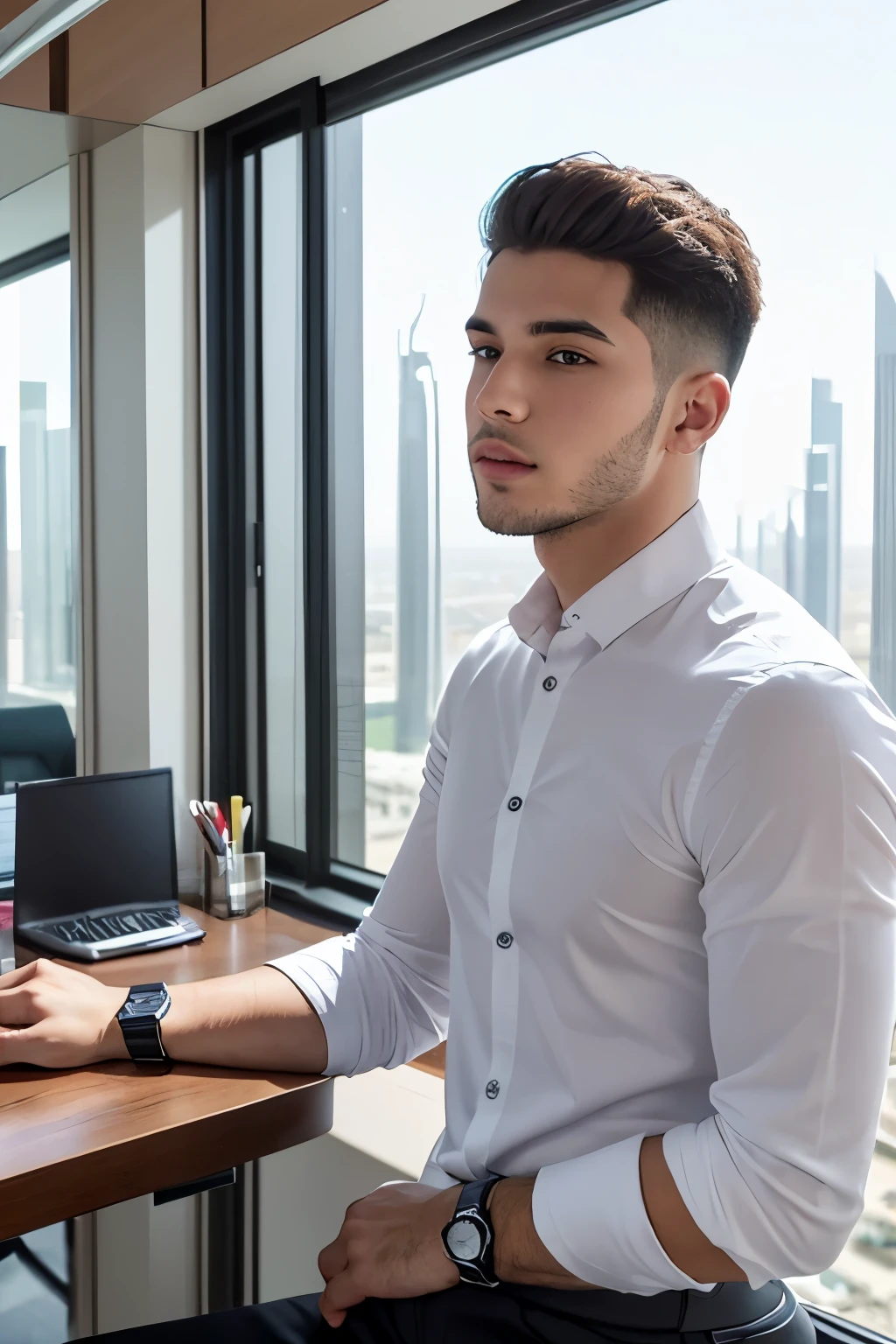 Bust of a young man entrepreneur sitting behind a very close office and made with a rolex on the wrist and a square jaw with a little badly shaved in front of a window with a view of very chic Dubai buldings