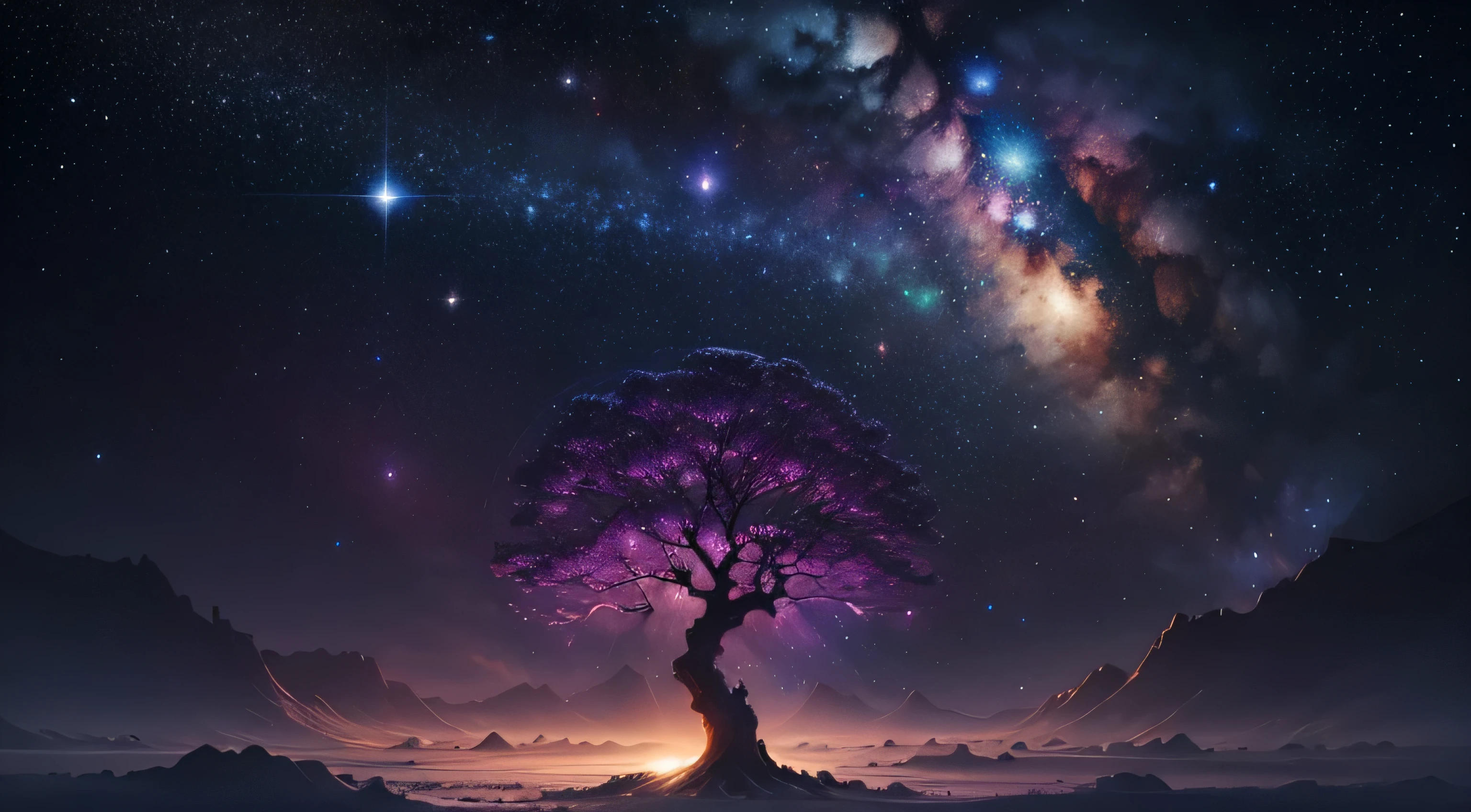 plan, galaxie ((magique) arbre de vie), (Ciel nocturne), (stars), Artwork, (space dust), (nebula), Art conceptuel, High definition, High detail, complexe, (Masterpiece: 1.2), (Best quality: 1.2)