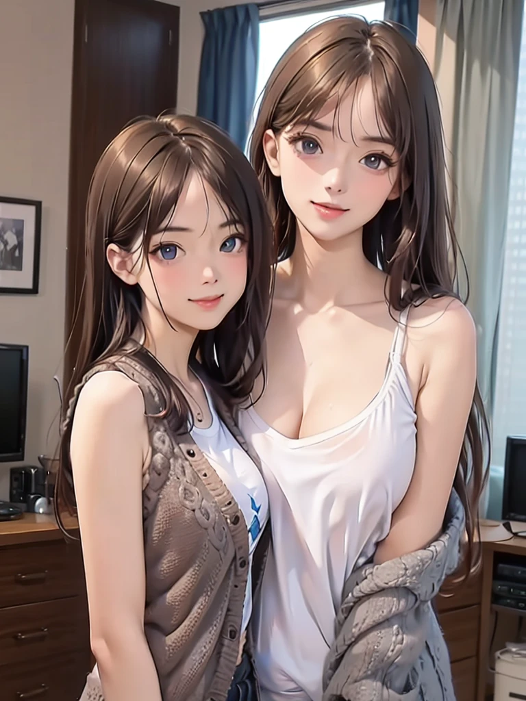 (masutepiece: 1.3), (max resolution: 1.2), (Ultra HDTV: 1.2), cinematric light, 8K resolution, Detailed eyes and skin, detailed facial features, Perfect limbs、Perfect fingers、Anatomically accurate body, Fingers in natural shape, Realistic texture, (Focus on the whole body:1.3), Perfect Style, (Beautiful face, kawaii eyes, Clear eyes、realisticeyes), acurate, Anatomically correct, Highly detailed facial and skin texture, Detailed eyes, Double eyelids, Thin eyebrows, Glitter Eyeliner, Natural cheeks, Glossy skin, Fair skin: 1.2, (Glossy lips: 1.2),  (#Slim waist), (Firm chest, large udder:1.3), (Neat and clean woman, Cheerful woman:1.5), 20yr old, 1 persons, bangs flowing diagonally, light chestnut hair, curlyhair, (cardigan, Tank tops, JINS:1.3), (Room at home:1.2),