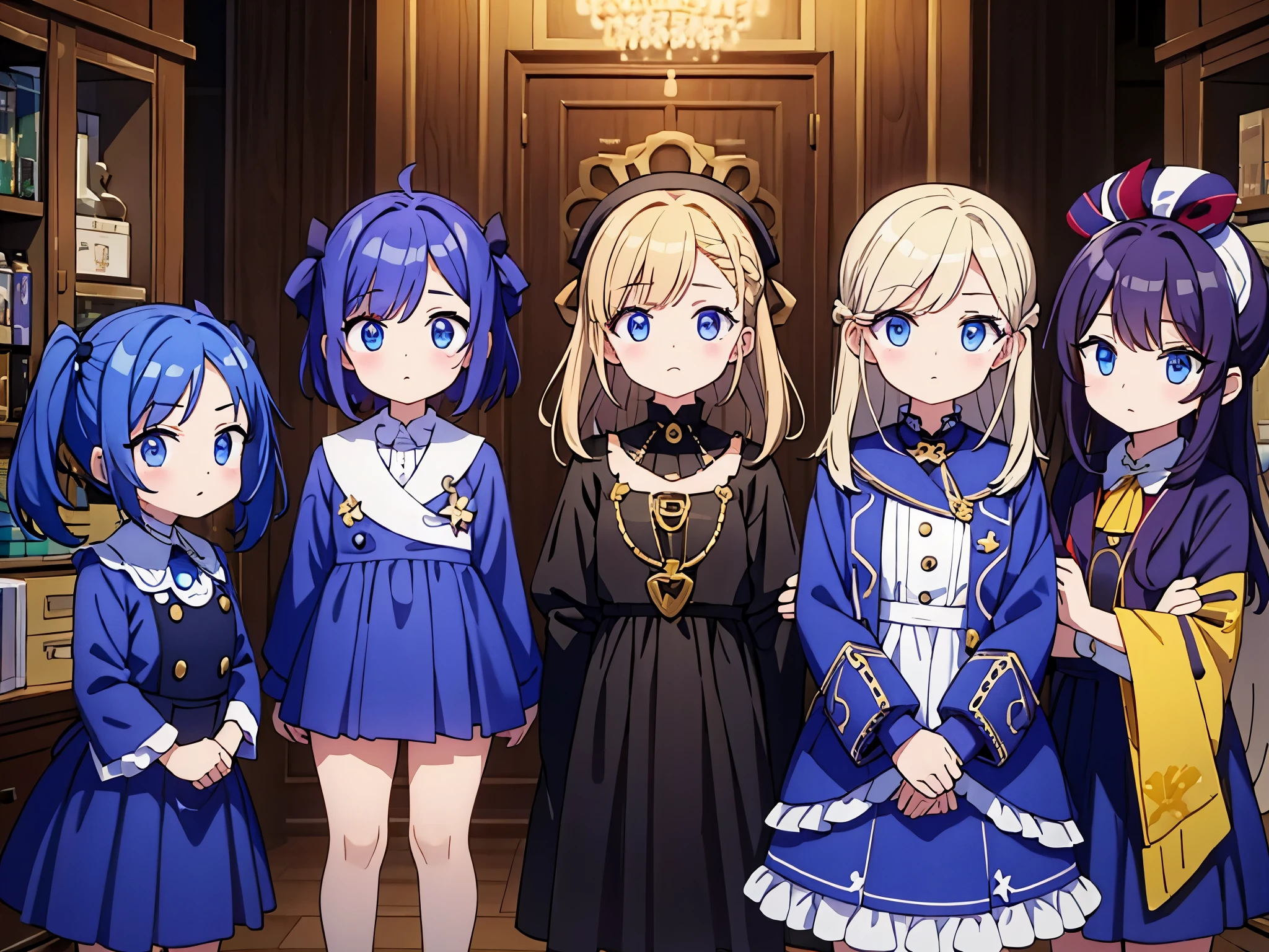 female twins, hairstyles different, hair colors different, iris colors different, outfits different,