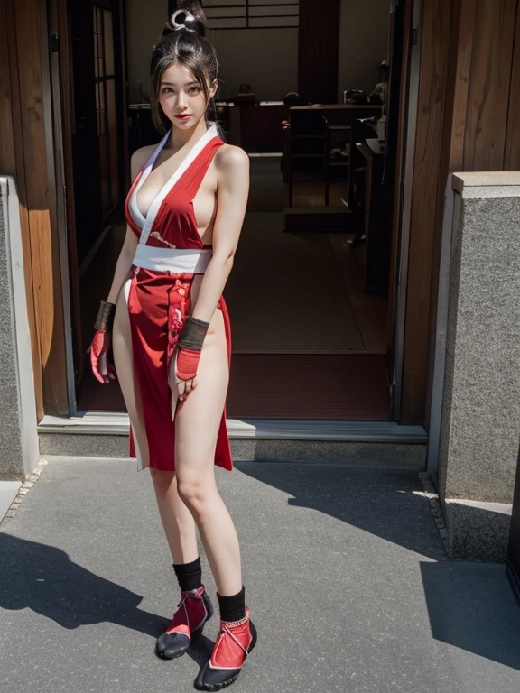 (mai shiranui:1.6), (tabi:2.0), (toe:1.2), (Full body portrait:1.8), Full body, (Realism), (masutepiece:2.0), (Best Quality), (ultra-detailliert:1.2), (8K, 4K, Convoluted), (Flat Lighting:1.2), (skinny), Prestige, Brown eyes, Long hair, brown eyes, long hair, brown hair, white ribbon, sleeveless, ponytail, sash, pelvic curtain, arm guards, gloves, tabi, fascinated expression, Sexy eyes, slim, medium breasts, Smile, Cute, view the viewer, Long hair, Close to Japan temple, (breasts focus:1.2), (Realistic:1.2), (Full Shot: 1.2), (85 mm), light Particle, Lighting, (Highly detailed:1.2), (Detailed face:1.2), (gradients), SFV, Colorful, (Detailed eyes:1.2), (Detailed temples of Japan: 1.2),(Detailed background), (Dynamic Angle:1.2), (Line of action:1.2), Wide Shot, Daylight, Solo.