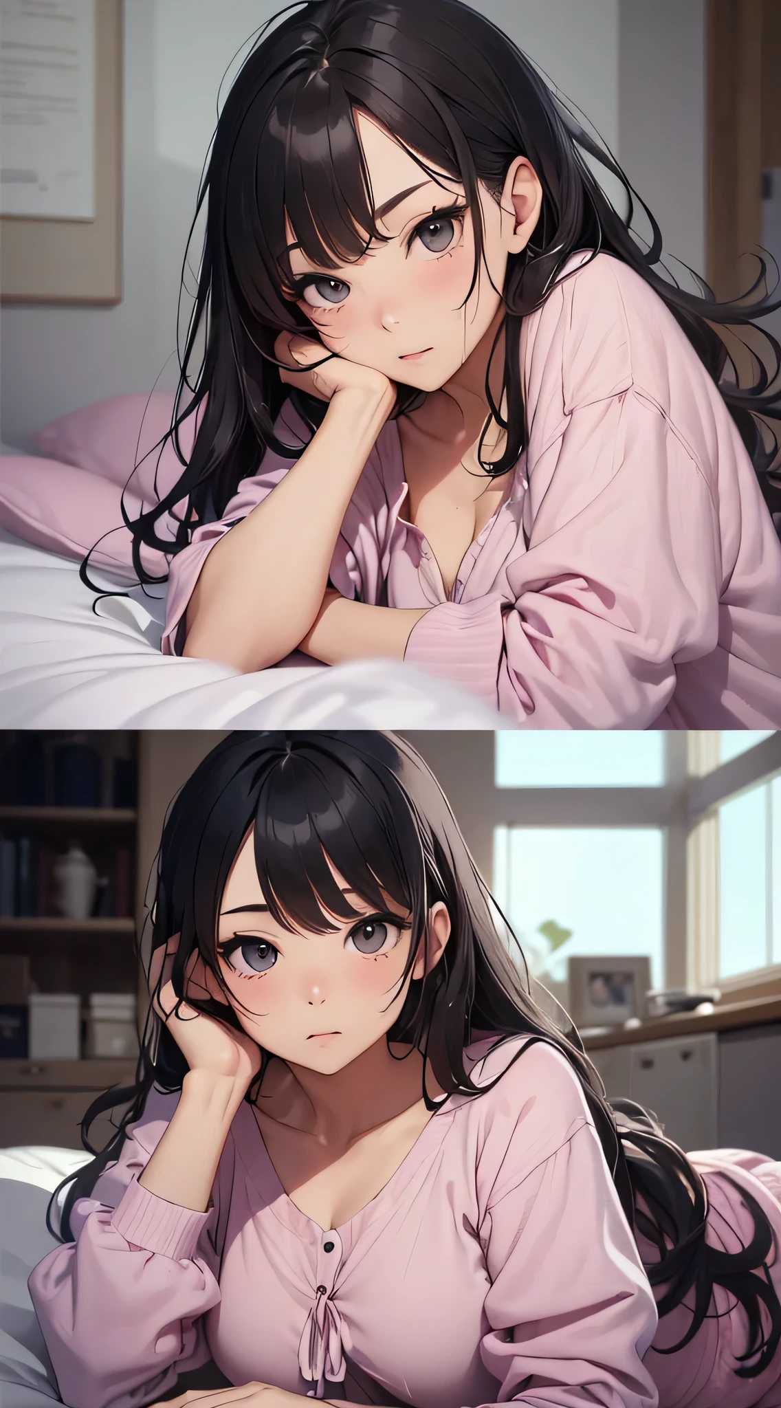 top-quality、Top image quality、masterpiece、Teenage girl((Black pajamas、18year old、 Ager、Best Bust、big bast,Black eyes, Black hair、A slender,Large valleys、Gal style、床futon beddingの上で仰向けになる、embarassed face、dye one's cheeks red、dishevled hair、emphasis on the buttocks)),hiquality、Beautiful Art、Background with((Nice and clean room.、futon bedding、animal stuffed、pink walls))masterpiece、depth of fields,Cinematic style