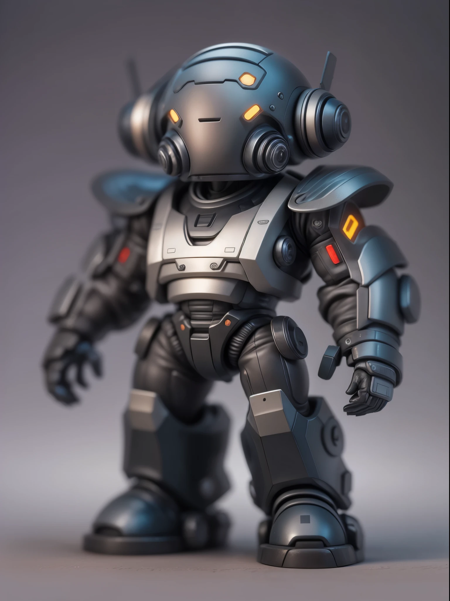 (Blind box toy style:1.2), (Full body shot) , 1 cute fat metal male engineer, Metal mech，Metal opaque helmet, cyber punk perssonage, dreamy glow, Clean, Black draft,white and black style， ( Global illumination, Ray traching, hdr, unreal render,reasonable design, high detal, Masterpiece, Best quality, hyper HD, Cinematic lighting)，Purple metal