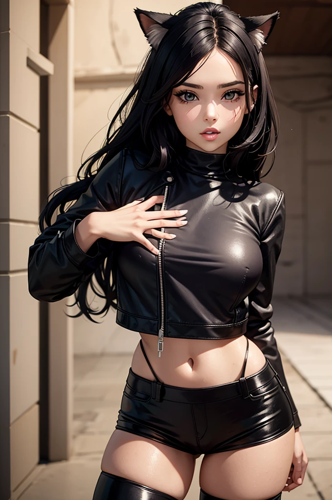 beautiful young female warrior fighter with cat ears on her head, com rosto bem detalhado e bonito, belos olhos, belos olhos, rosto lindo, beautiful young woman wearing long black leggings with black details, mini saia curta, usando jaqueta de couro preta, standing in a castle, usando bota preta, cabelo comprido com franja preto, ,orelhas de gato, belo sorriso, tomboy, um pouco musculosa,suter branco com cinta em volta, olhar serio,usando jaqueta de couro preto, com ombreiras de prata nos ombros, leather jacket
