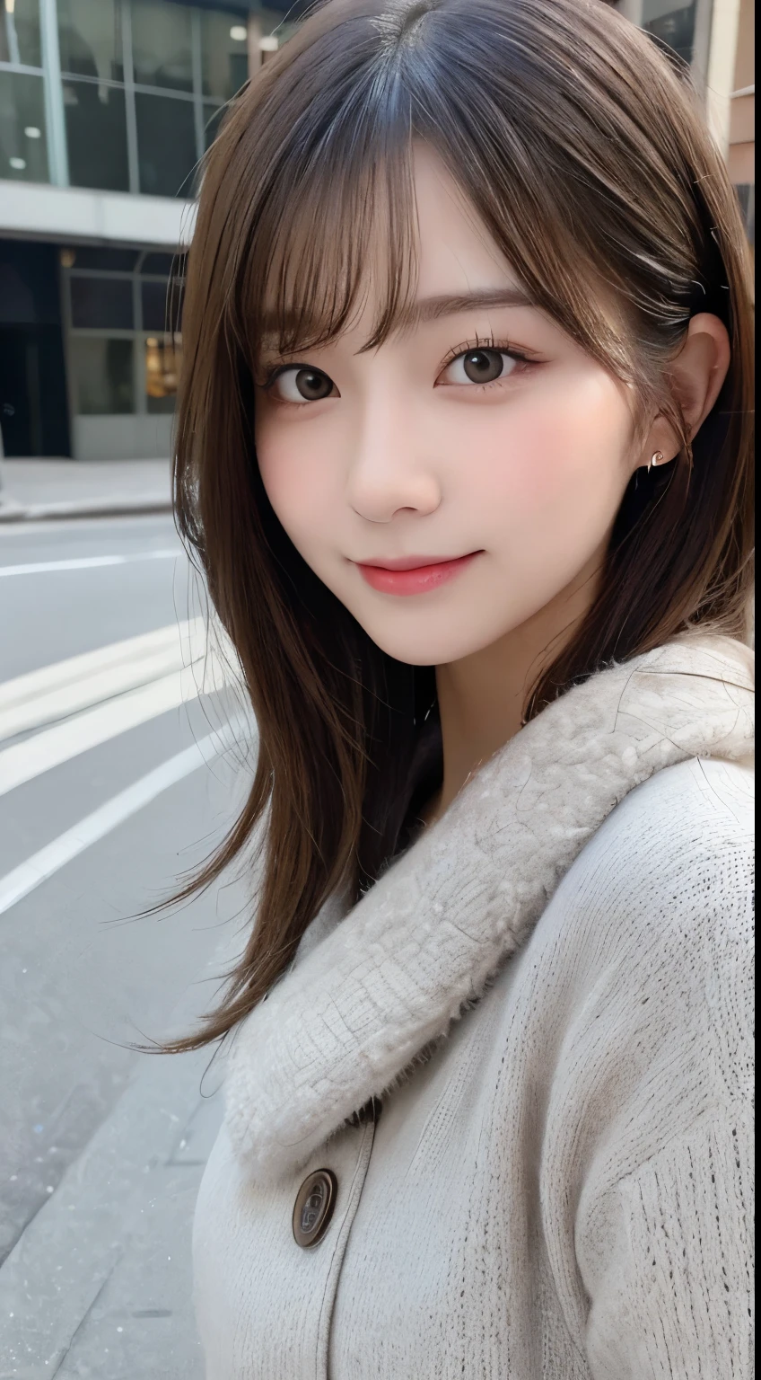 masutepiece, Best Quality, Illustration, Ultra-detailed, finely detail, hight resolution, 8K Wallpaper, Perfect dynamic composition, Beautiful detailed eyes, Gorgeous gray fluffy Tokyo winter clothes,Medium Hair,small ,Natural Color Lip, Bold sexyses,Smile,cafes、20 years girl、Cute、Sexy shlooking at camera,Always blur the background,Perfect and beautiful face,Take only the face,beautiful and detailed face、slim face and style