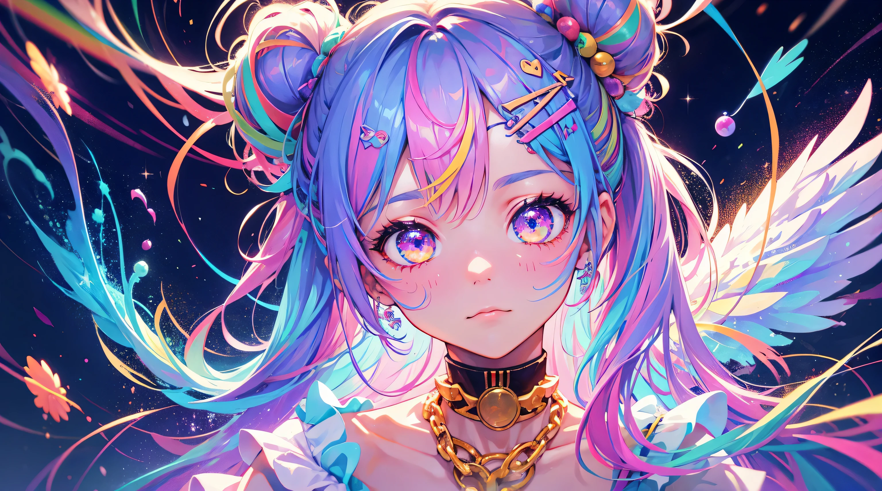 girl, chaotic, rainbow colors, no clothes, fractal brushstrokes, planets space glowing powerballs, cosmic fuzzy style, magical ribbons, power display, zero gravity, master of rainbow color ice, long crystals, extreme abs, exposed body, cute face, golden chains, splash of colors, space buns, neon rainbow color hair, long hair, spaceship, digital technology, sacred, spiritual, wings, cluttered scene, energy orbs. lasers, fiber optic glow strands, led lights,