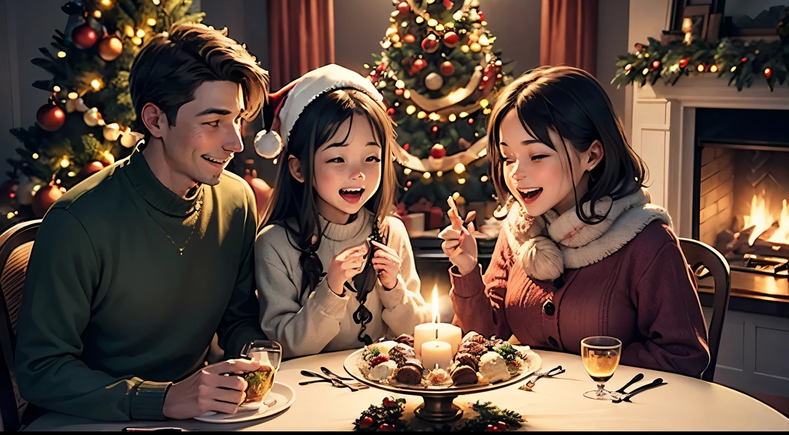 Imagine a warm and welcoming scene in a home decorated for Christmas. A festively set table is full of delicacies, surrounded by family members who gather with sincere smiles. Soft candlelight creates an intimate atmosphere, while the Christmas tree in the background sparkles with colorful lights and twinkling decorations.

The family shares moments of joy and gratitude around the table, coming together over a meal that is more than just feeding the body; is to nourish the spirit. The happy expressions reflect the shared love and deep connection that characterize Christmas celebrations.

Carefully considered details, like ornate napkins and sparkling glasses, add to the festive atmosphere. Excited children exchange excited glances while adults exchange stories and laughs. The scene is a testament to the beauty of family togetherness during the Christmas season.

This image conveys the essence of Christmas, highlighting the importance of family ties and shared celebration in an environment full of joy and love.