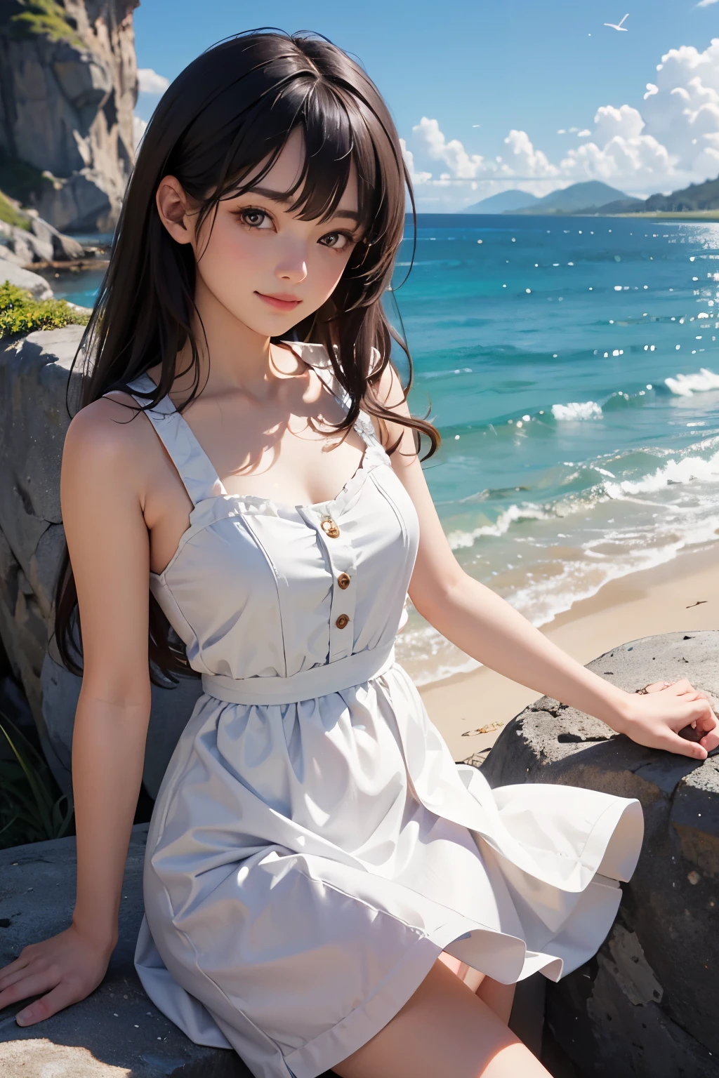 very cute and beautiful girl,white sun dress with detailed frills,(highly detailed beautiful face and eyes:1.2),
cowboy shot,smile,black hair,dynamic pose,dynamic angle,looking at viewer,
beach,distant rugged cliffs,(best quality,masterpiece:1.2),(intricate details),extremely detailed,highres,
1 girl,solo,natural lighting,hair fluttering in the wind,beautiful detailed sky,