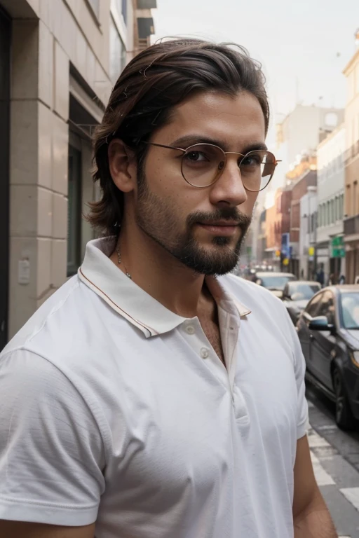 Foto realista de modelo masculino, cabelo castanho e curto, olhos castanhos, sorrindo levemente, em nova york, maxilar quadrado, com barba rala, sedutor, rico, foto para perfil no instagram, usando camisa polo, oculos escuros, serious face, italiano.
