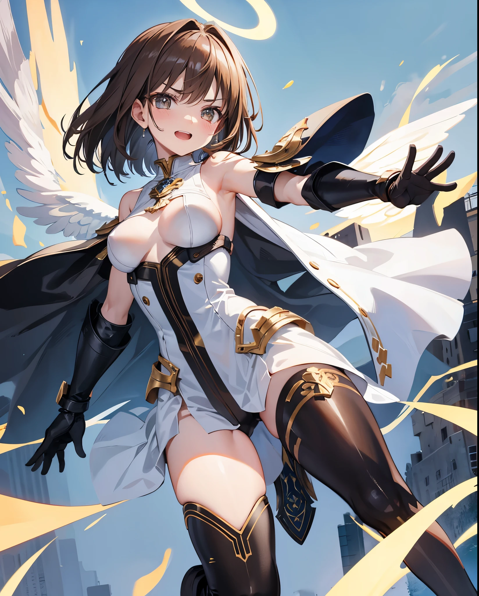 fantasy, 1angel_girl,child, loli,brown_hair, medium_bob_hair, long_bangs, halo,bare_shoulder,thighhighs,silver_armor, waist_armor, large_breasts,angry,grinning,open_mouth_teeth, 1pair_wings, dynamic_pose_fighting,floating, bare_crotch, headgear,gauntlet, greaves,city_sky_background,slightly_spread_legs, solo, groin_naked,