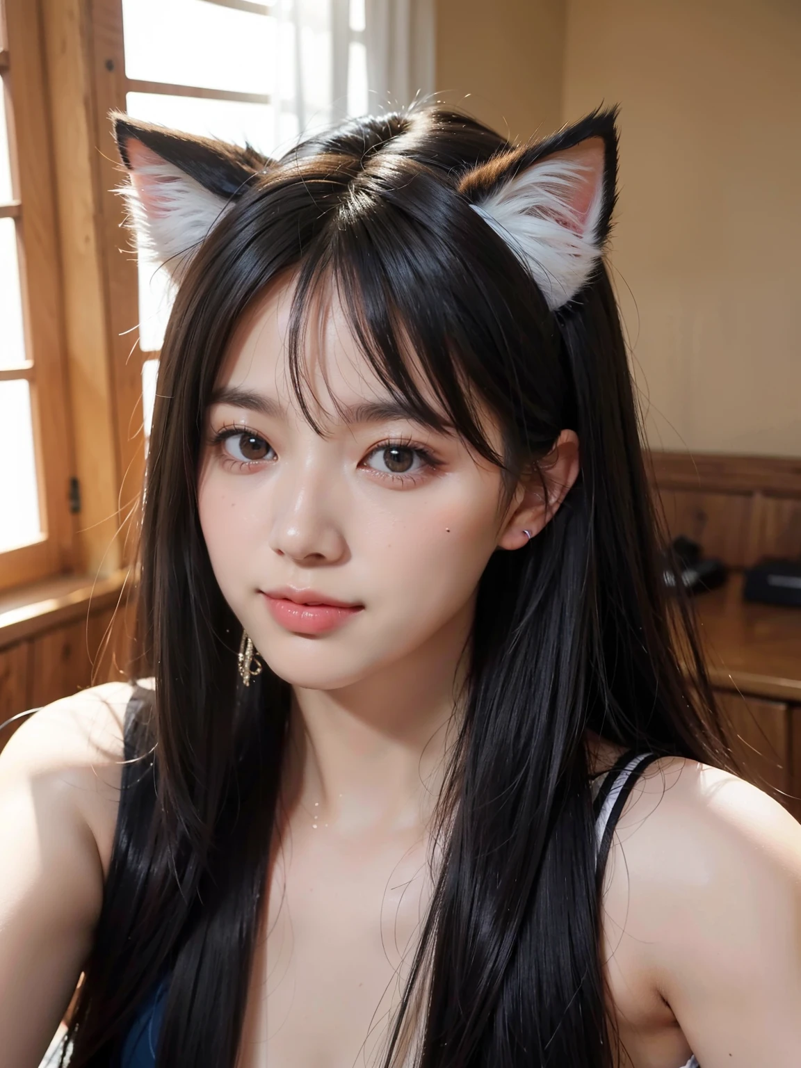 The beauty of foxtail cat ears wags its tail，Moe，Hair and its fluffiness，eyes large，having fun，Look straight at the camera，best qualtiy， tmasterpiece， hight resolution， Be red in the face， （Tempting smile：0.8）， Star-shaped blue pupils， Tindall Effect， realisticlying，  edge lit， two tone lighting， （highdetailskin：1.2）， 8K UHD， dslr camera， gentle illumination， hightquality， Volumetriclighting， Frankness， Photore， hight resolution