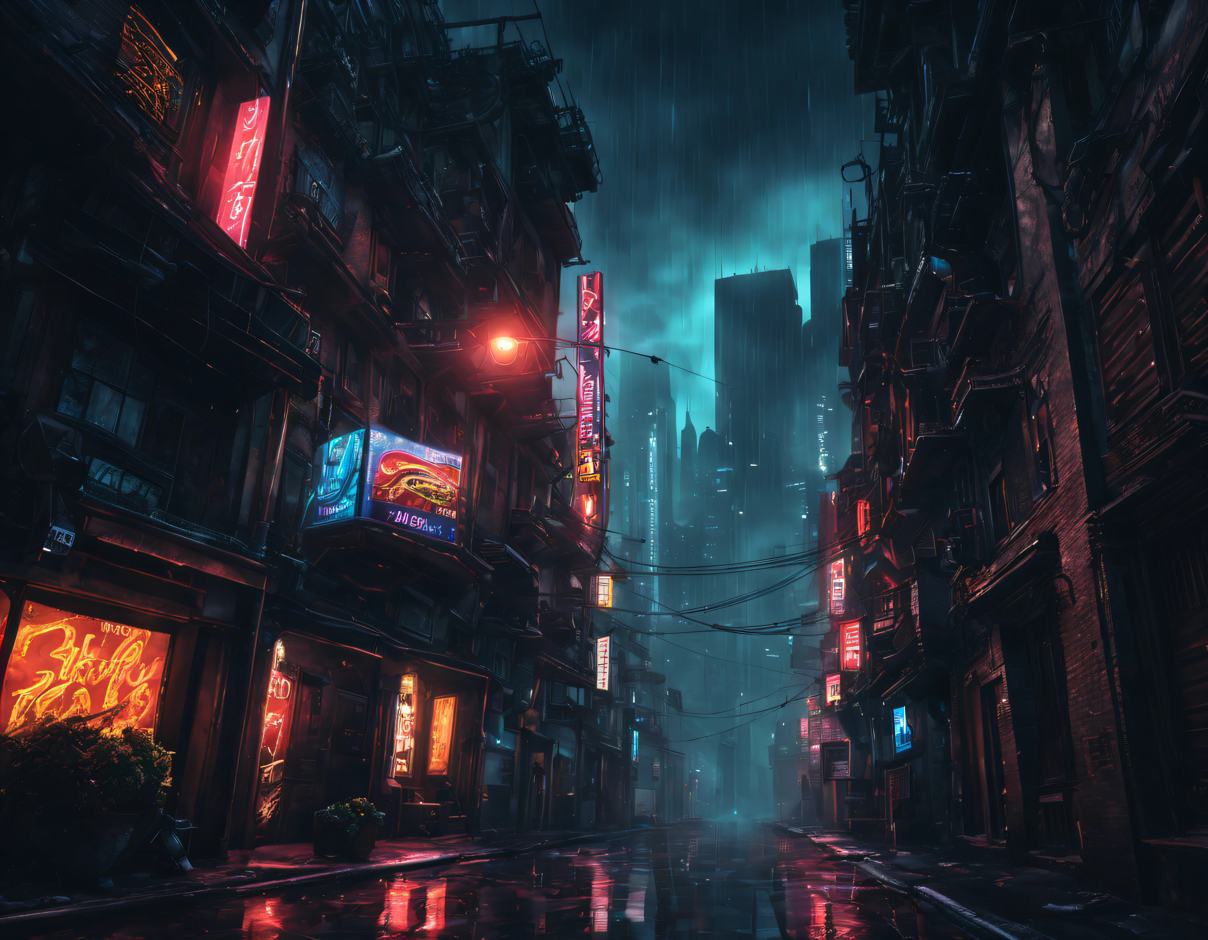 (best quality,4k,8k,Alto,master part:1.2),ultra-detalhado,(Realistic,photoRealistic,photo-Realistic:1.37),Cityscape,neon lights,dystopian future,becos escuros,giant skyscrapers,Tecnologia futurista,Hovering vehicles,hologramas brilhantes,Artificial intelligence,chuva digital,sombras e reflexos,Moda futurista,steep cliffs,atmosfera encantada,gothic architecture,atmosfera de suspense,air pollution,eerie silence,ruas enevoadas,twisting trees,Figuras misteriosas,breathtaking view,fronteiras borradas,rebellious spirit,dynamic compositing,vivid colors,texturas arenosas,Alto contraste,Sombras duras,mystical vibrations,moonlit sky,beleza assombrosa,urban decay,atmosfera sombria,energia intensa,Chaotic streets,sailing through the darkness,movimento constante,supernatural vibrations,strange feeling of tranquility,unique simultaneity urbanity,resplandecente de perigo,tower of insatiable progress