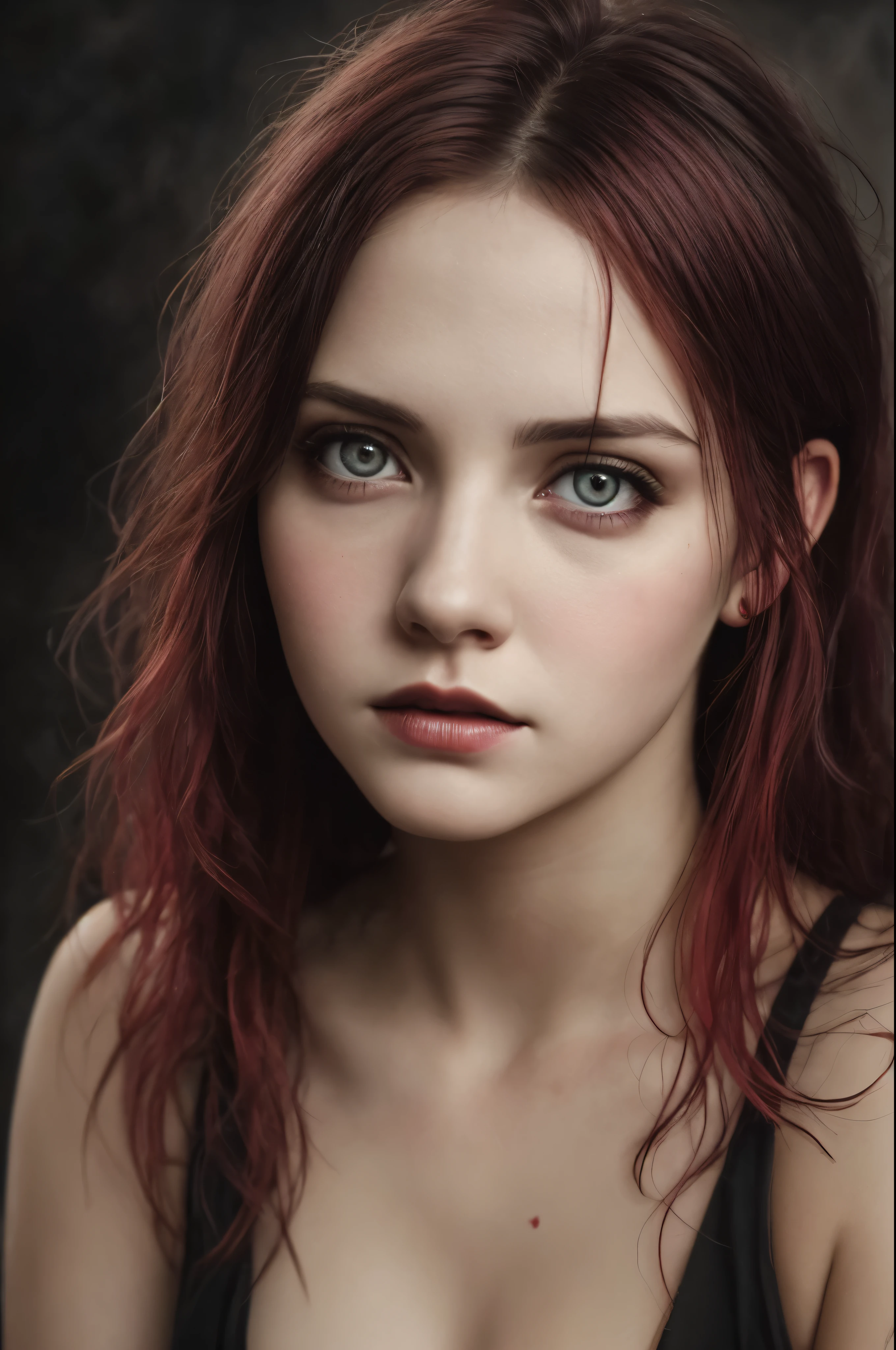 (realisti:1.2), Analog Photography Style, cute woman with short black and red multicolored hair, red eyes, (gloomy and dark atmosphere), soft natural lighting, Faded colors, Sexy, great quality, Masterpiece, Detailed fantasy backstory, Better Performance, 16k quality, HDR, RAW photo