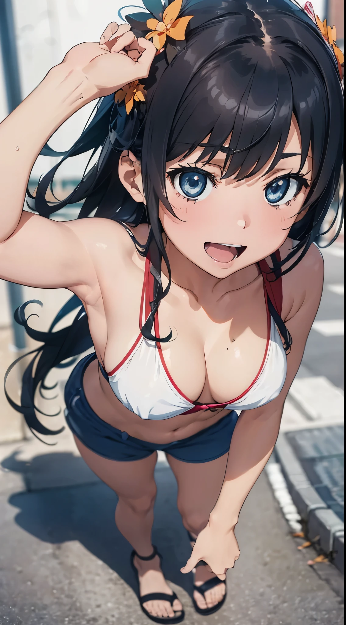 (Official art、Best Quality、Unity 8k Wallpapers、32K、​masterpiece、ultra-detailliert、超A high resolution、realisitic、Photorealsitic:1.2)、(Cinematic lighting:1.2)、Fireglow effect、The grainiest shadow of the film、Rim lighting、side lights、sideshot、(ultra-detailliertで複雑な3Dレンダリング)、Detailed beautiful face and eyes、A slender、Medium bust、(Full body:1.2)、 Highly detailed background、beauitful face、blurry backround、-yeld beiful girl、(ultra-detailliertなスキン、detailed skin textures:1.3)、A dark-haired、Hip Hop Cable、(thighs thighs thighs thighs:0.8)、Knitted sandals、swimming pools、Smile with open mouth、、dynamicposes、(Nariko Saten),Blue eyes,white bikini and shorts