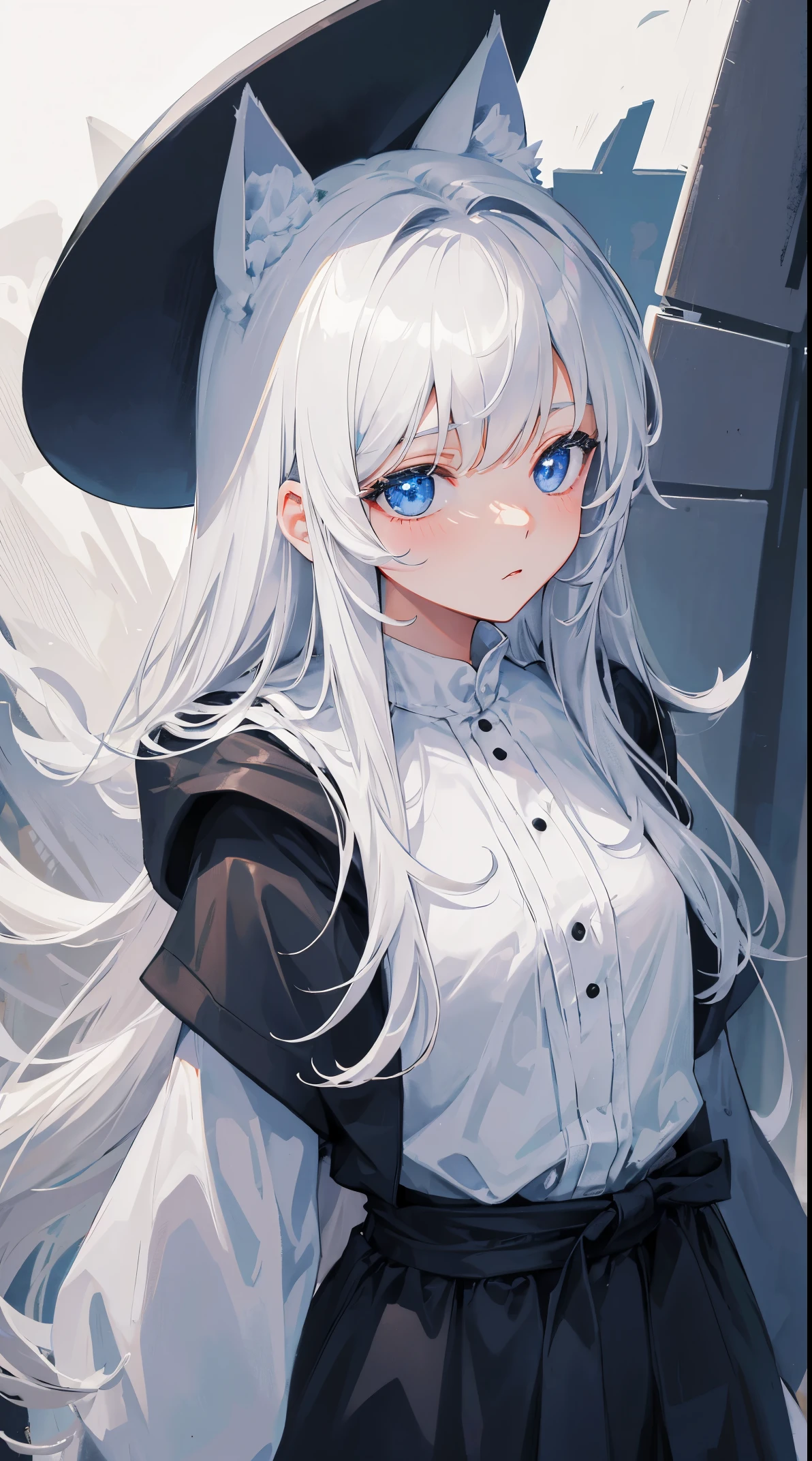 Character Design,Character portrait,Whole body,Standing,A girl on gray background,Seventeen,Gentle personality,Silver long hair,Black cat ears,Cat's Tail,Bow Hairpin,blue grey eyes,Black and white skirt,Collar,